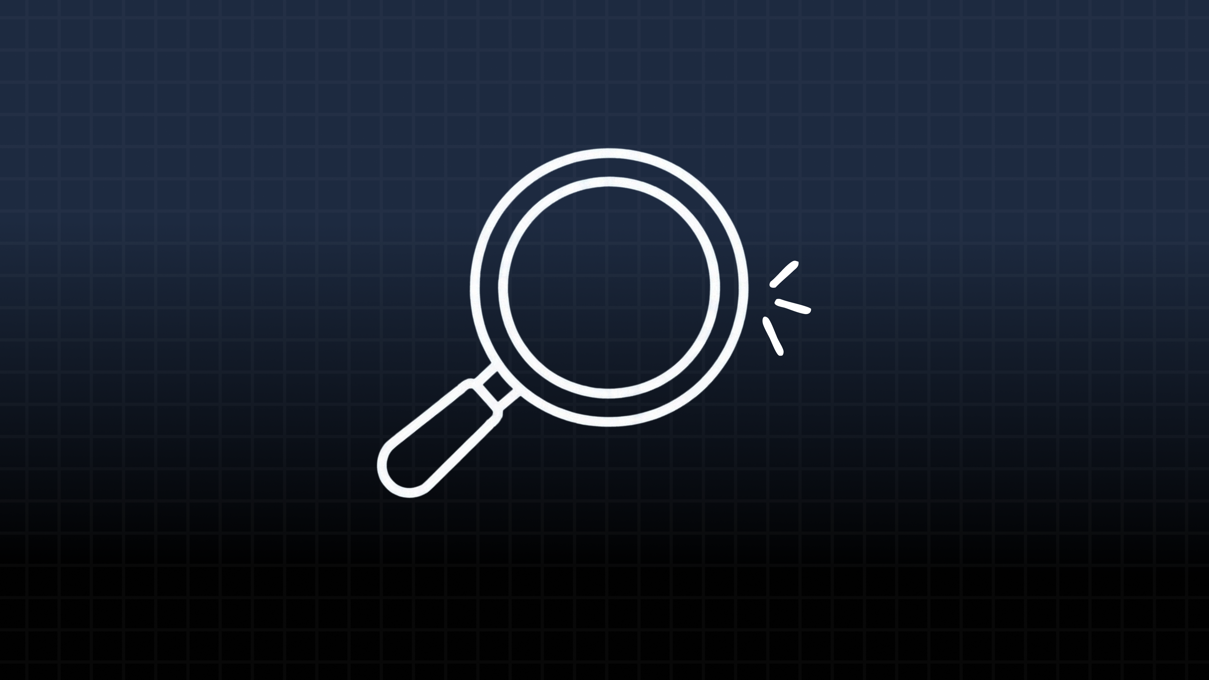 A white outline of a magnifying glass icon with sparkle lines on a dark blue grid background, representing search or…