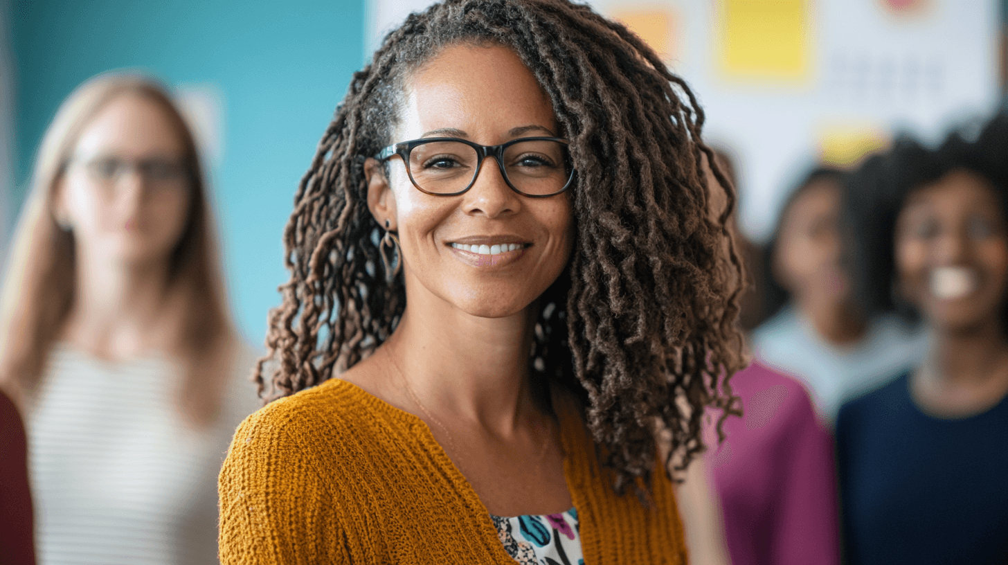 A smiling woman with dreadlocks and glasses wearing a mustard yellow cardigan stands in front of a blurred group of people…