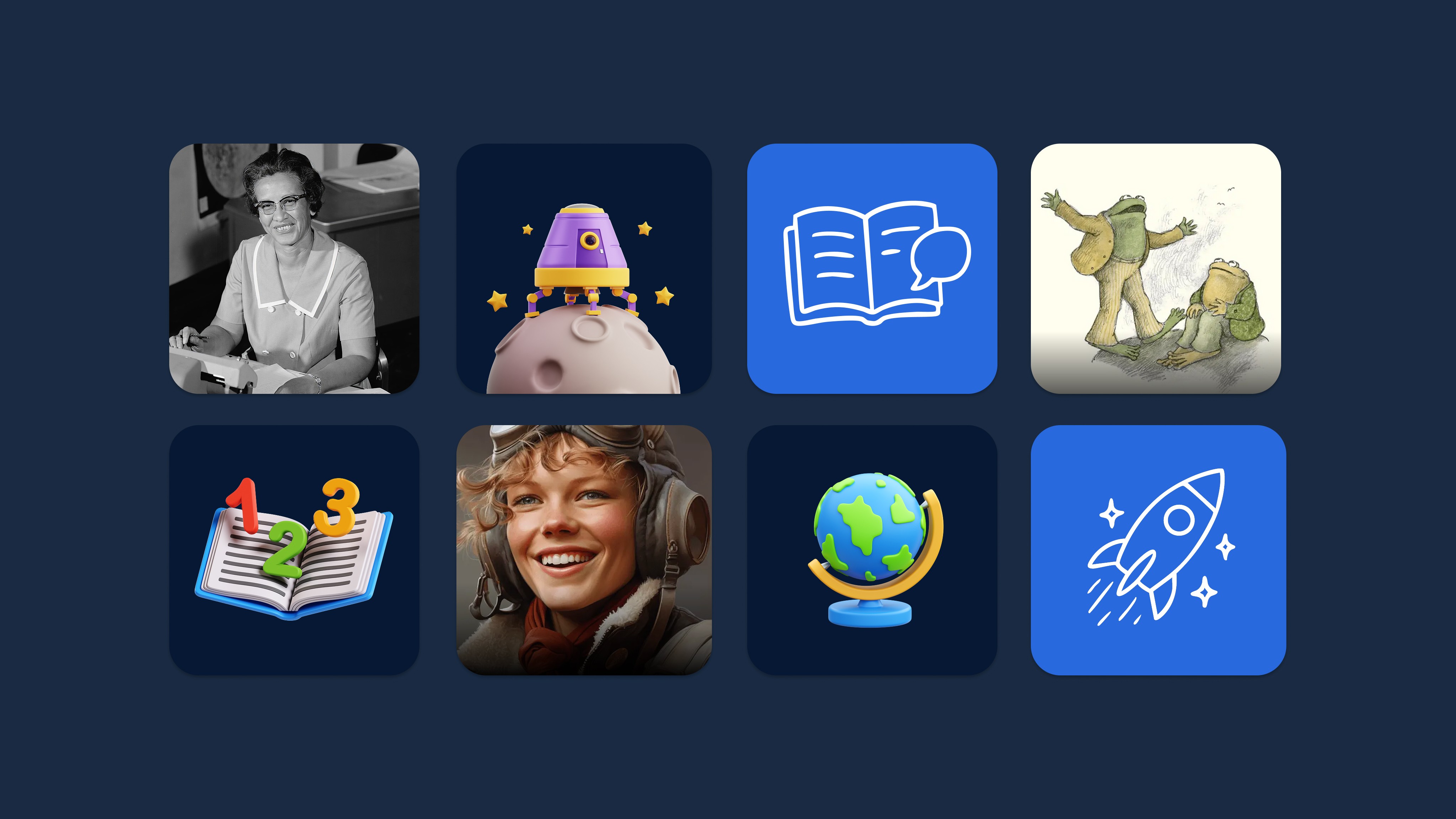 A grid of 8 educational app icons featuring historical figures, space themes, and learning symbols on a dark blue background.