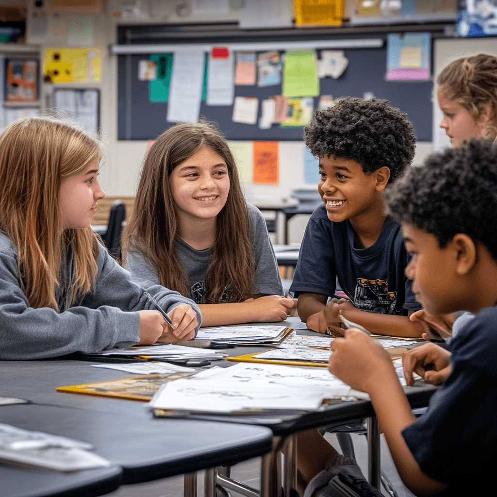 A diverse group of middle school students work together at a table during a classroom lesson, smiling and collaborating on…