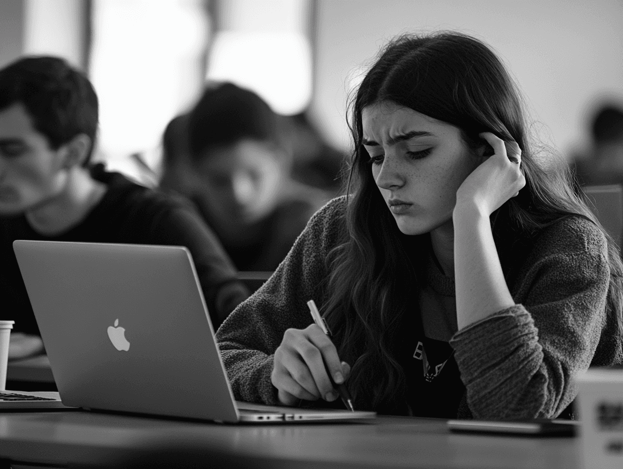 A young woman with long dark hair sits at a table with a laptop, resting her head on her hand while holding a pen, appearing…