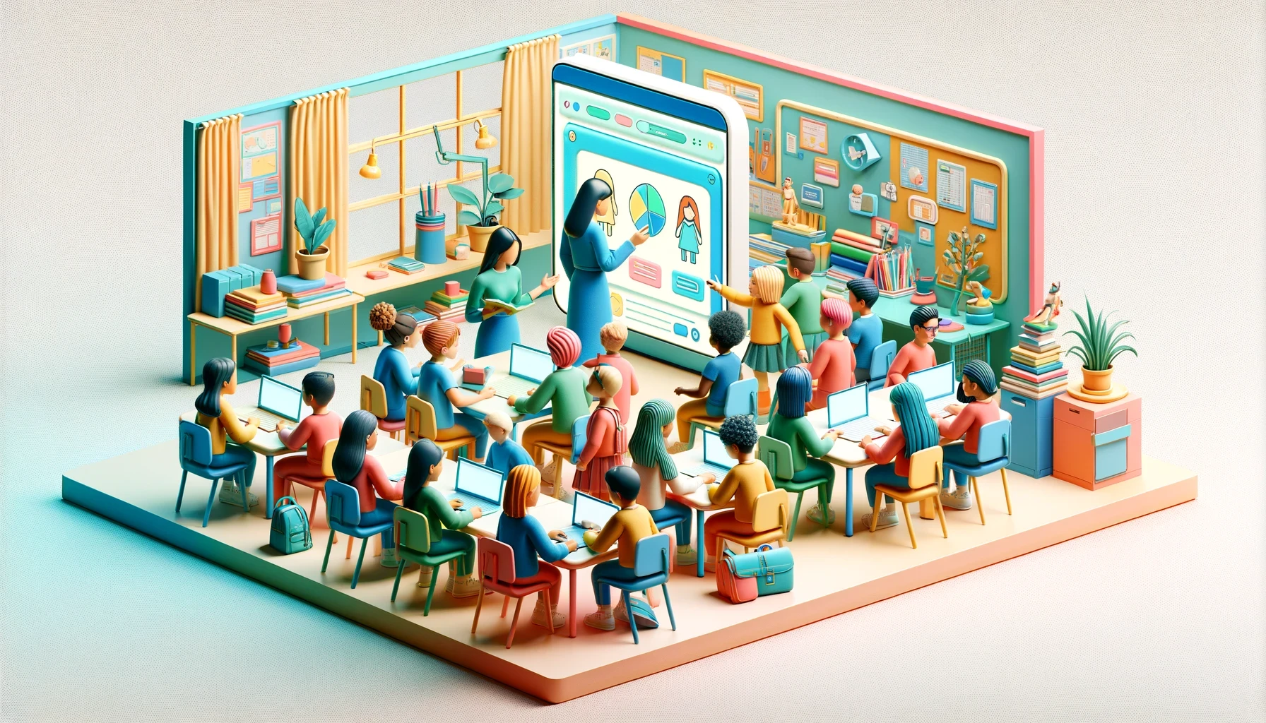 A vibrant 3D illustration of a modern classroom with diverse students and a teacher using digital devices and interactive…