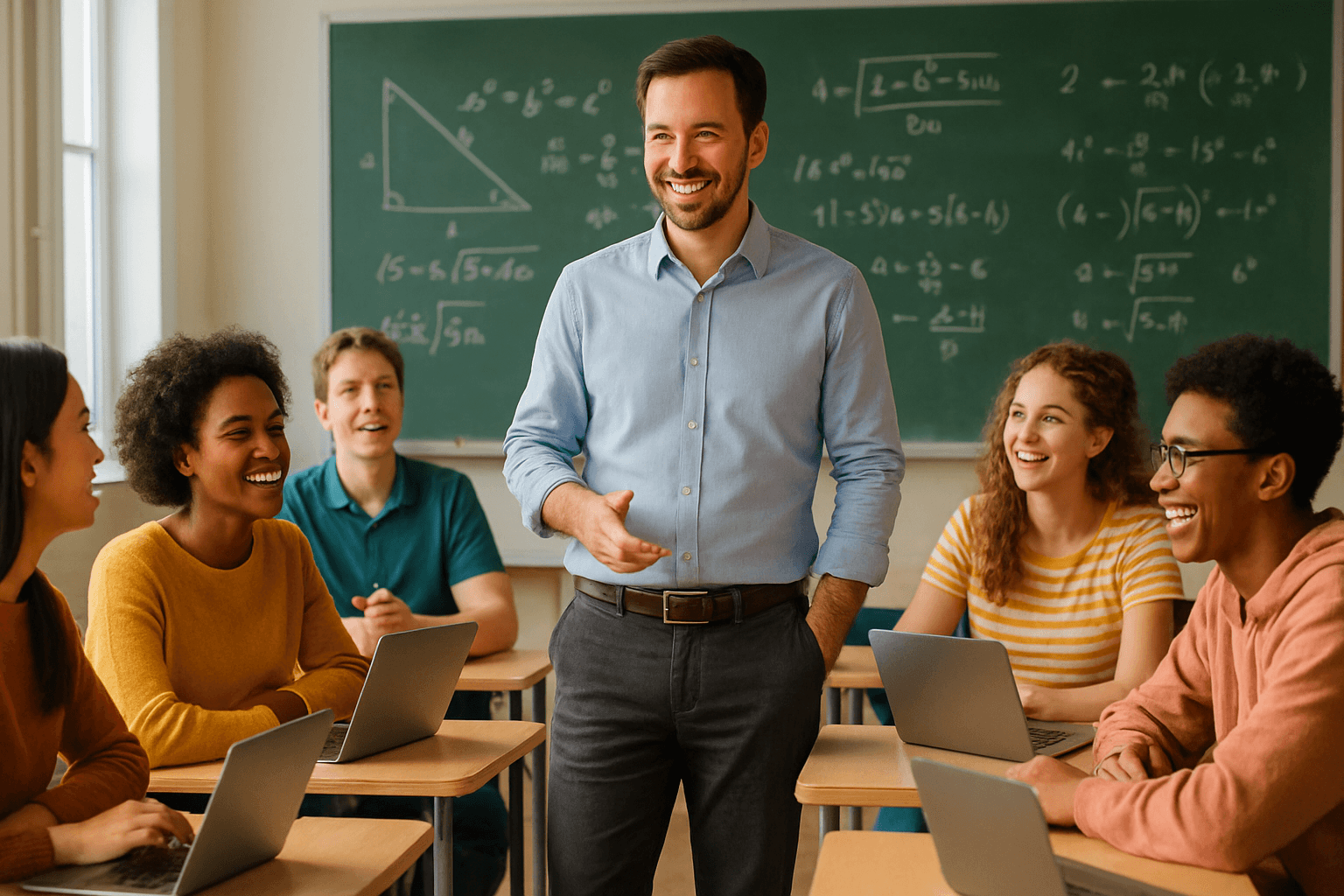 A smiling male teacher in a blue shirt stands among diverse students seated at desks with laptops in a classroom with a…