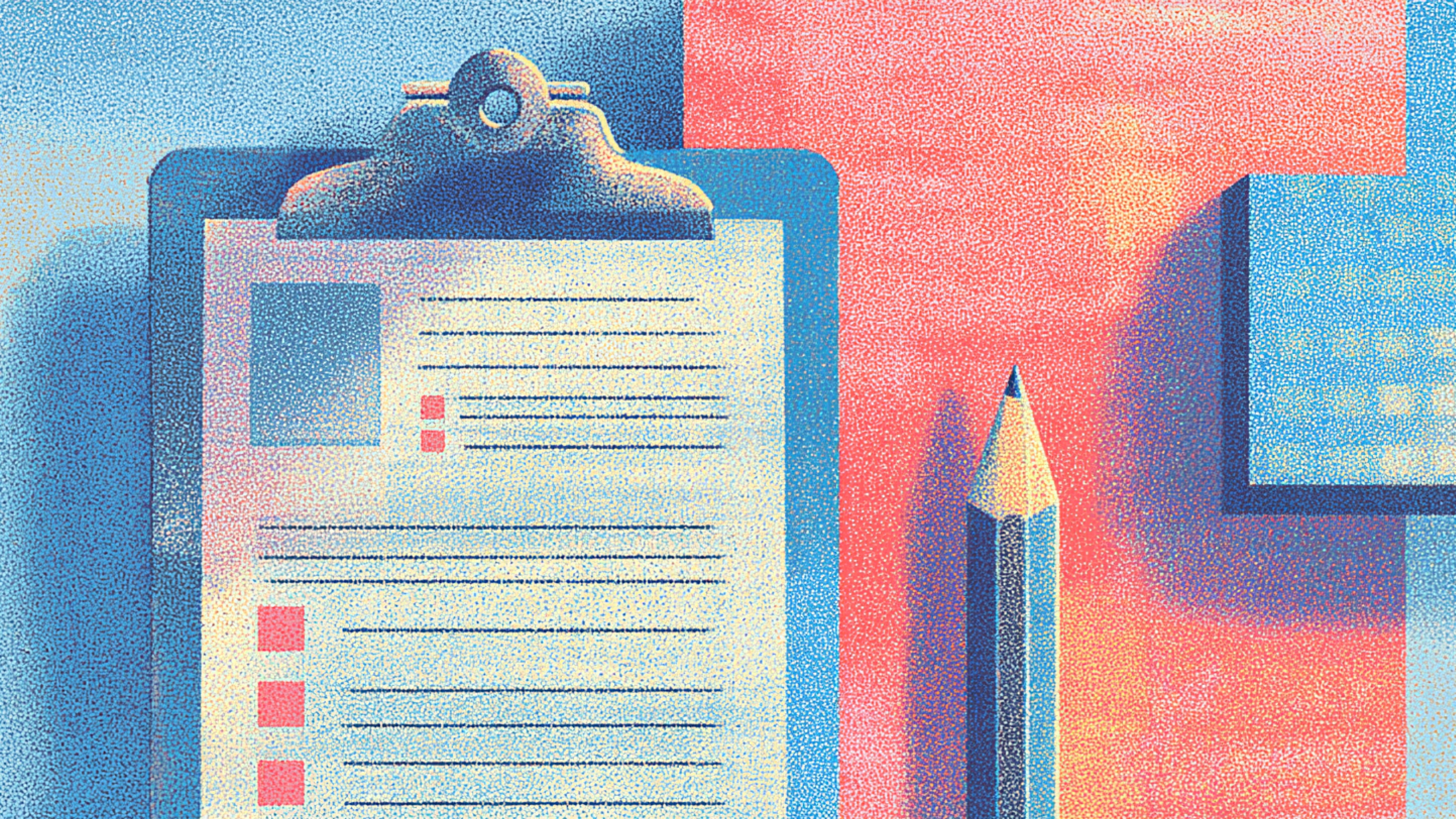Illustration of a clipboard with a checklist and a pencil against a colorful blue and coral background.