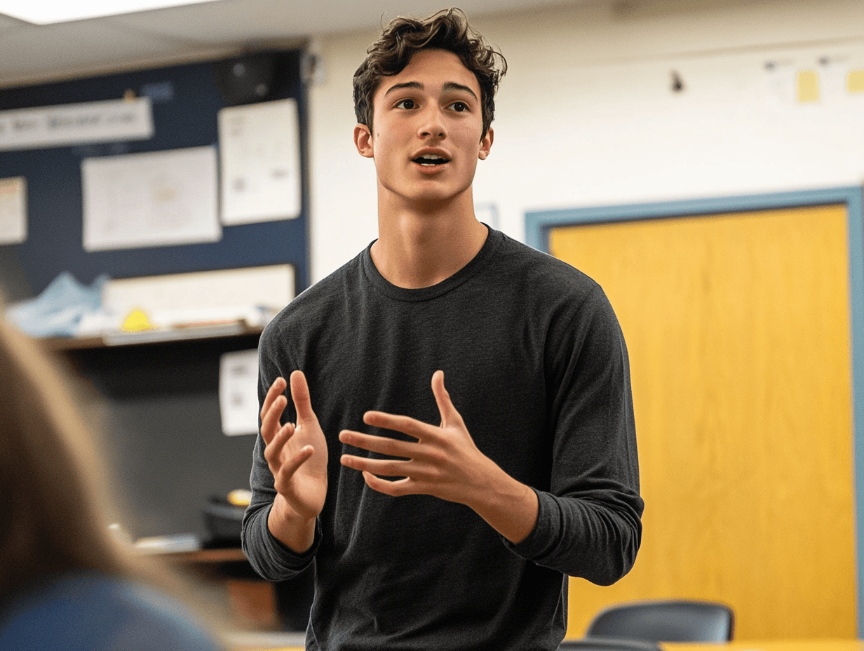 A young man in a dark long-sleeved shirt gestures while speaking in a classroom setting with yellow and blue bulletin boards.