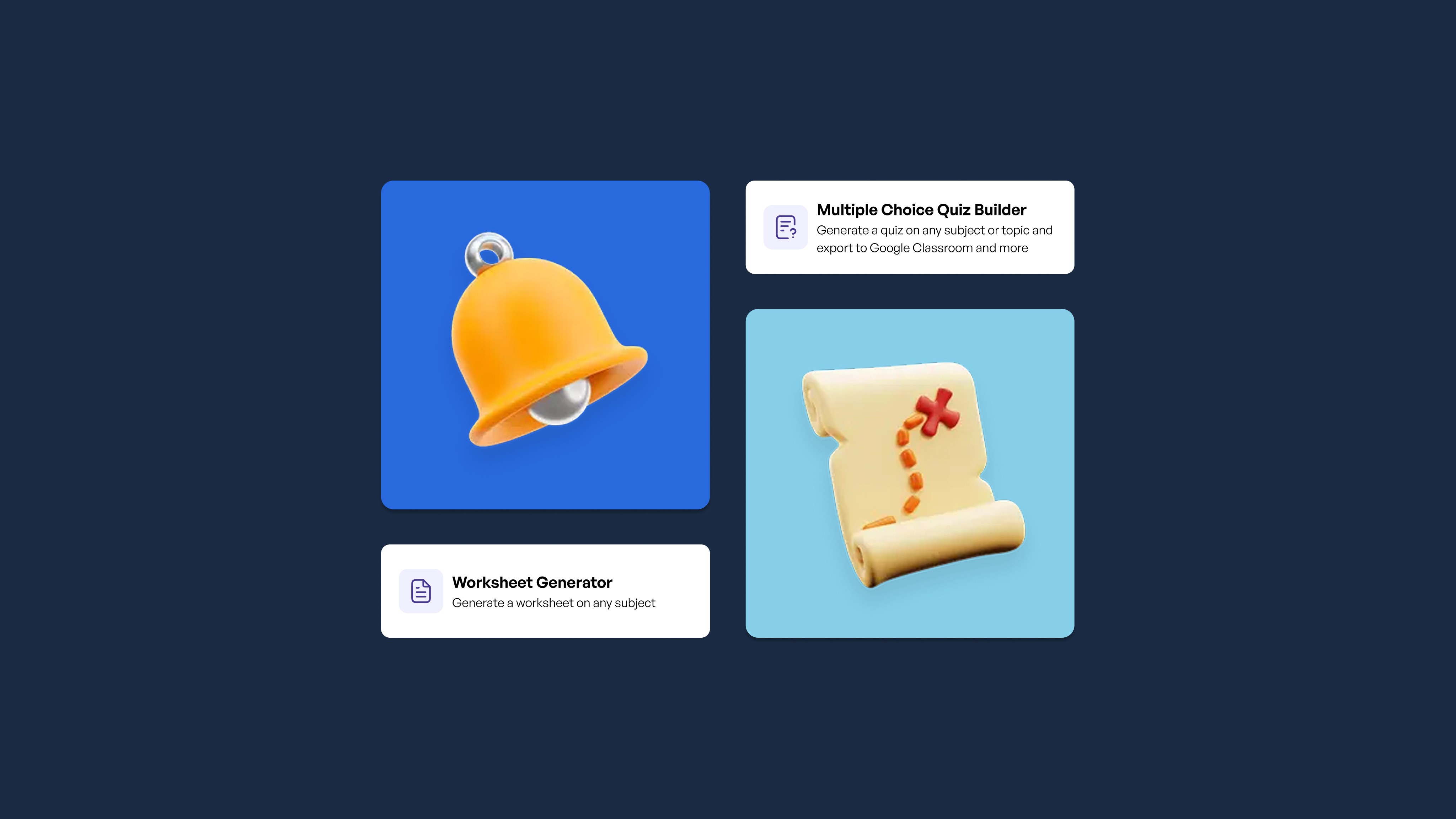 A dashboard displaying three educational tools: a notification bell icon, a Multiple Choice Quiz Builder, a Worksheet…