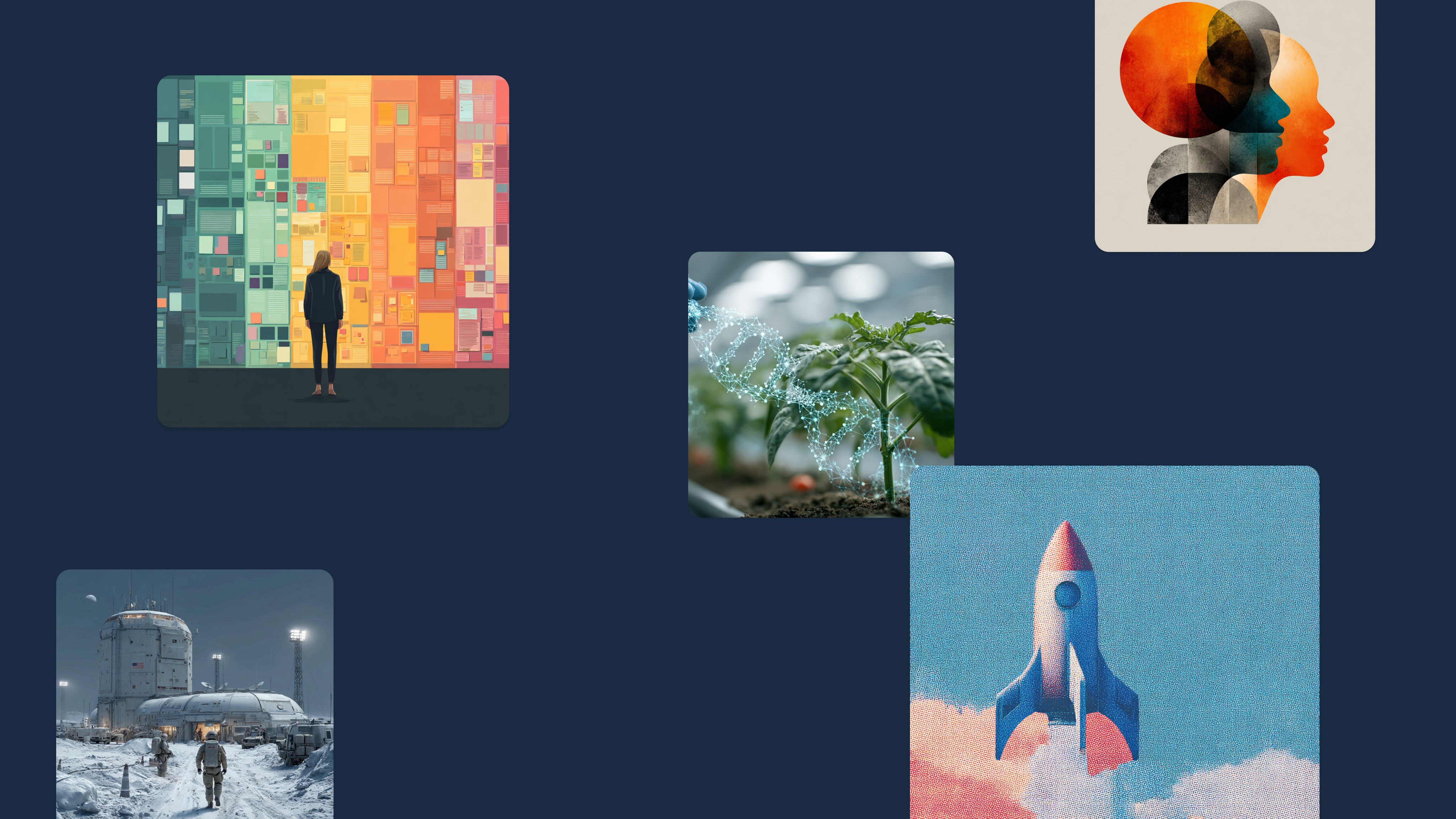 A collection of five illustrated images on a dark background depicting data visualization, personal growth, nature, space…