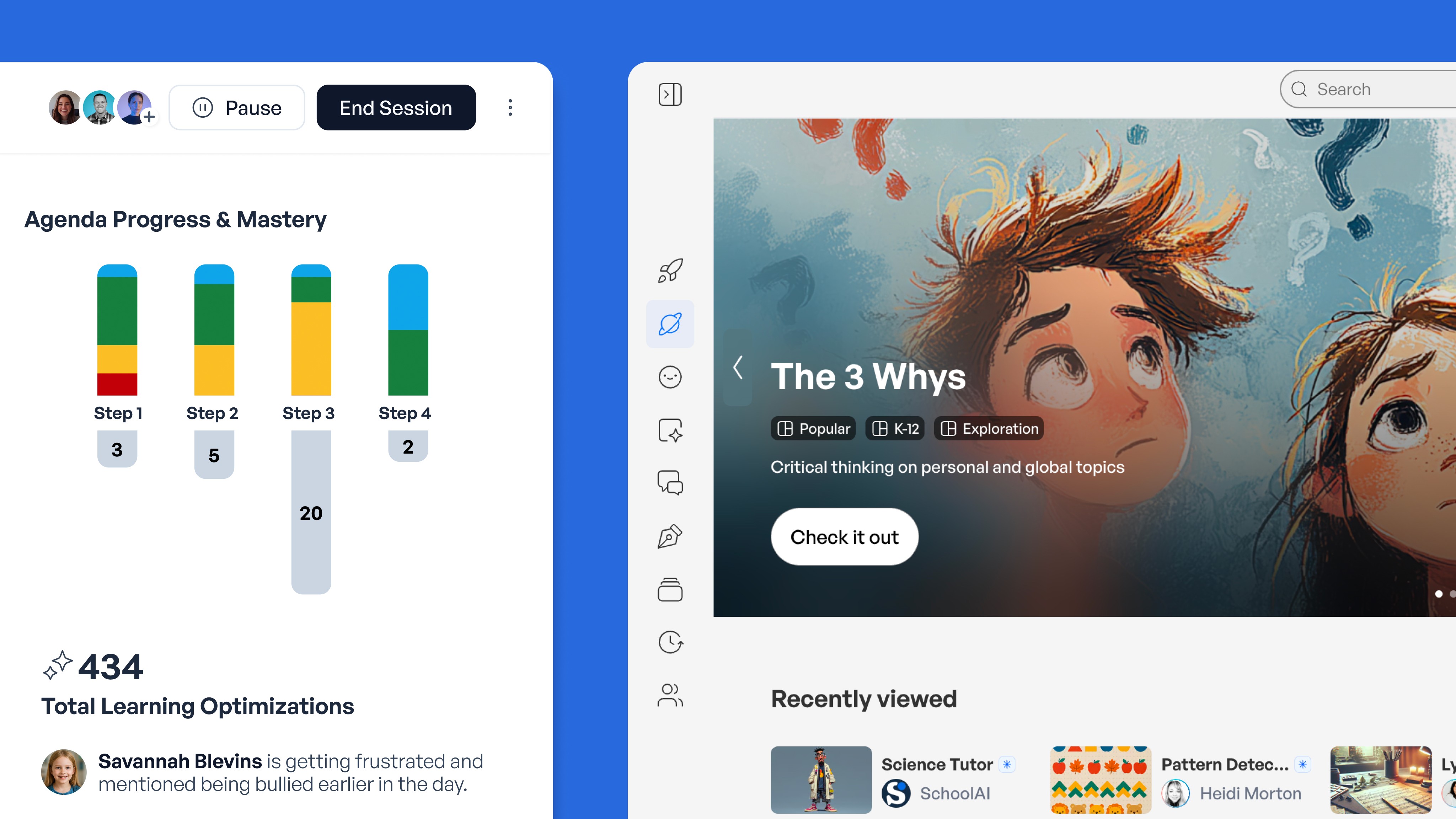 A learning platform interface showing agenda progress across 4 steps, total optimizations count, and a featured course…