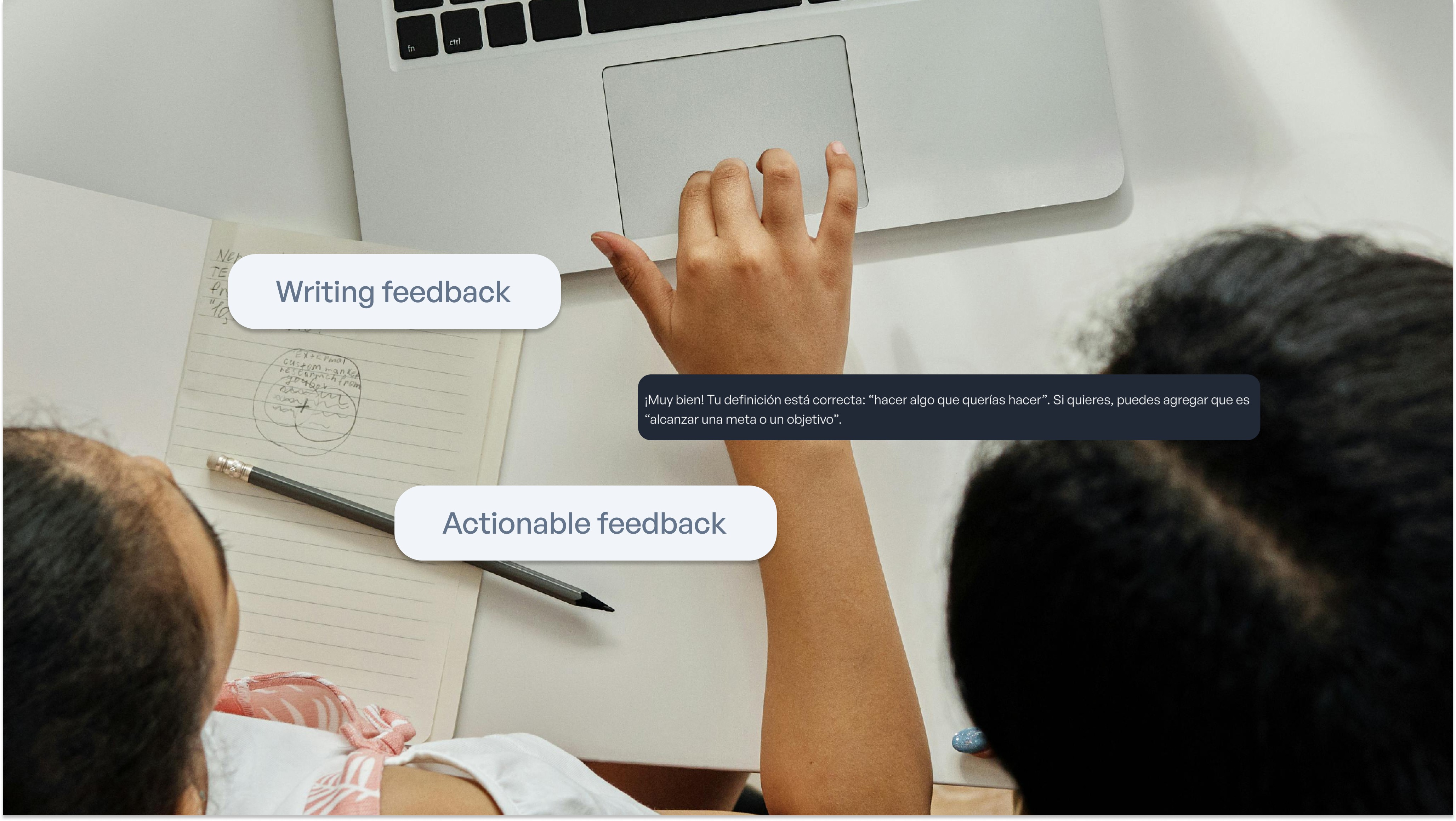 Two people reviewing written feedback on a notebook at a desk with a laptop, with text labels showing "Writing feedback" and…