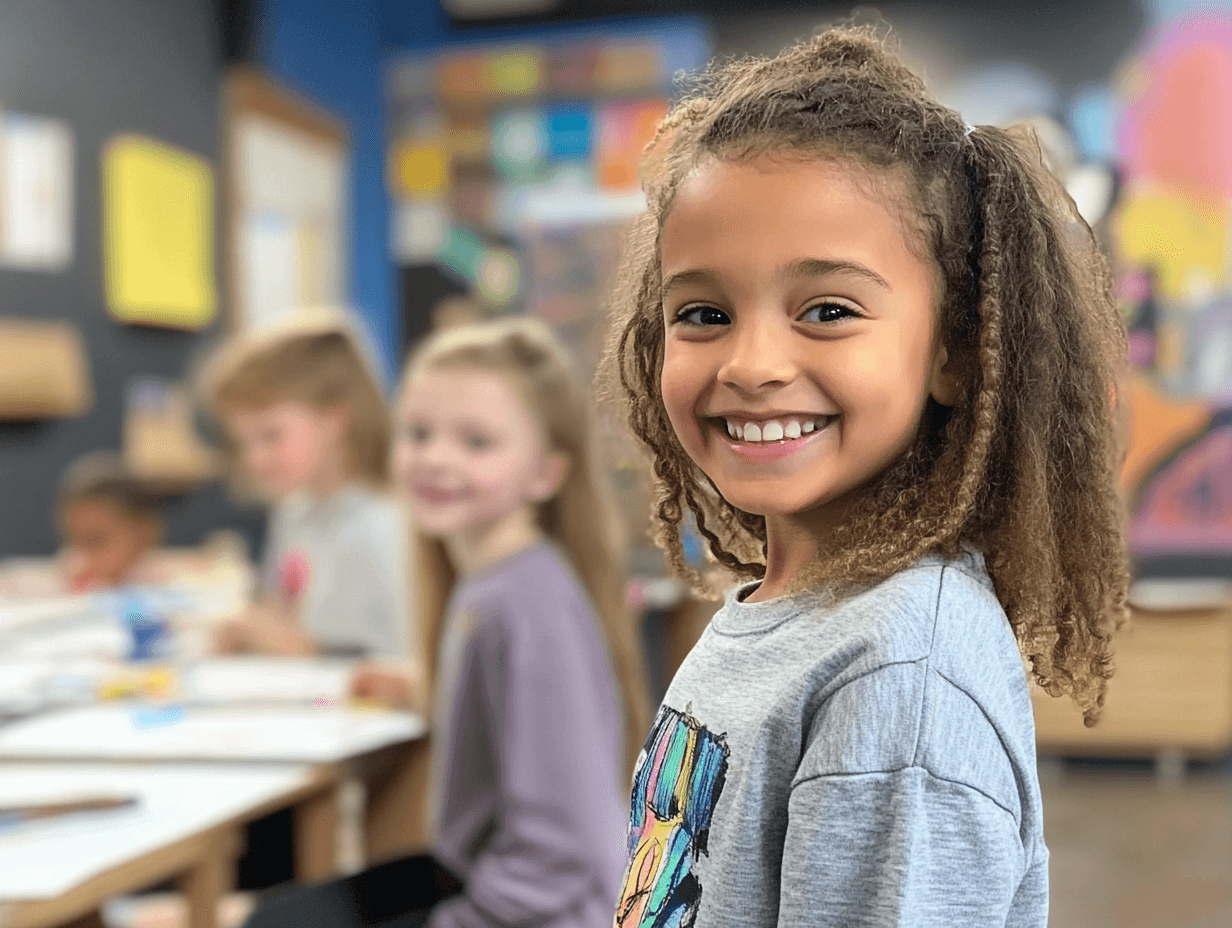 A smiling child with curly brown hair wearing a gray shirt stands in a classroom with other students and colorful…
