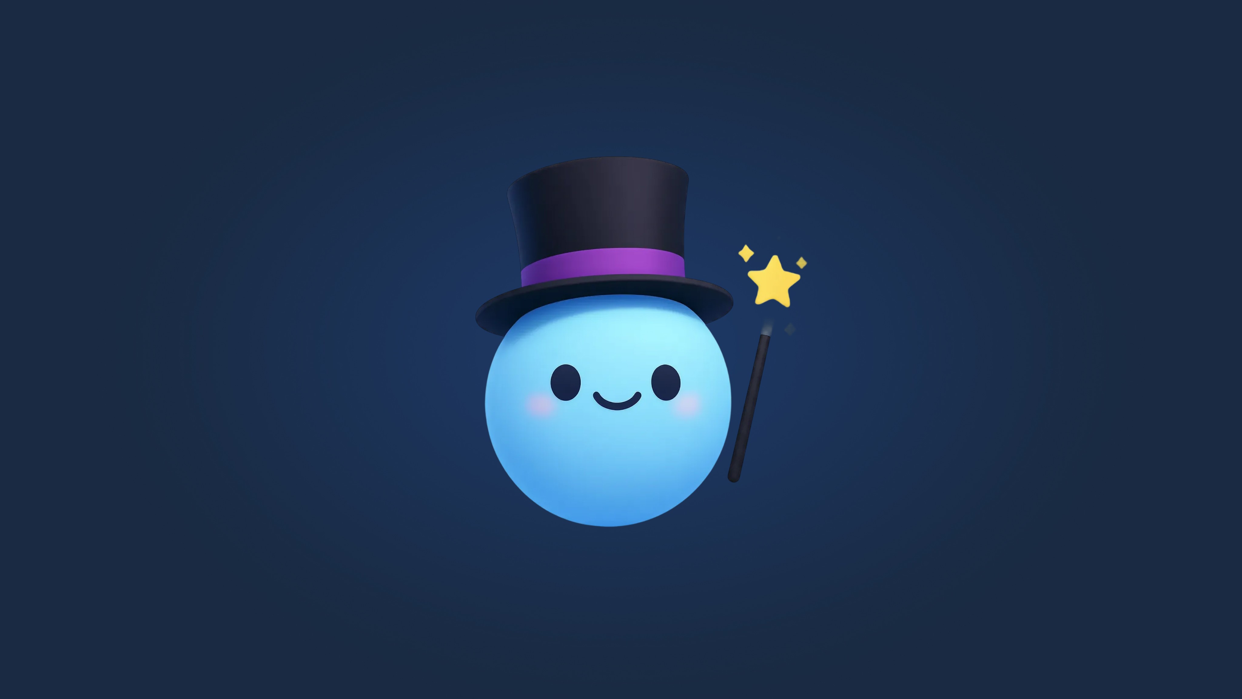A cute smiling snowman with a light blue round body, wearing a black top hat with a purple band and holding a magic wand…