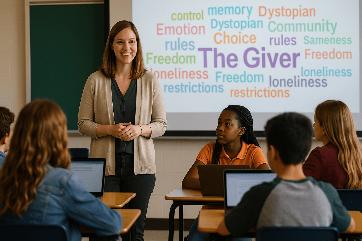 A teacher stands smiling in front of a classroom, presenting a lesson about "The Giver" to students seated at desks with…