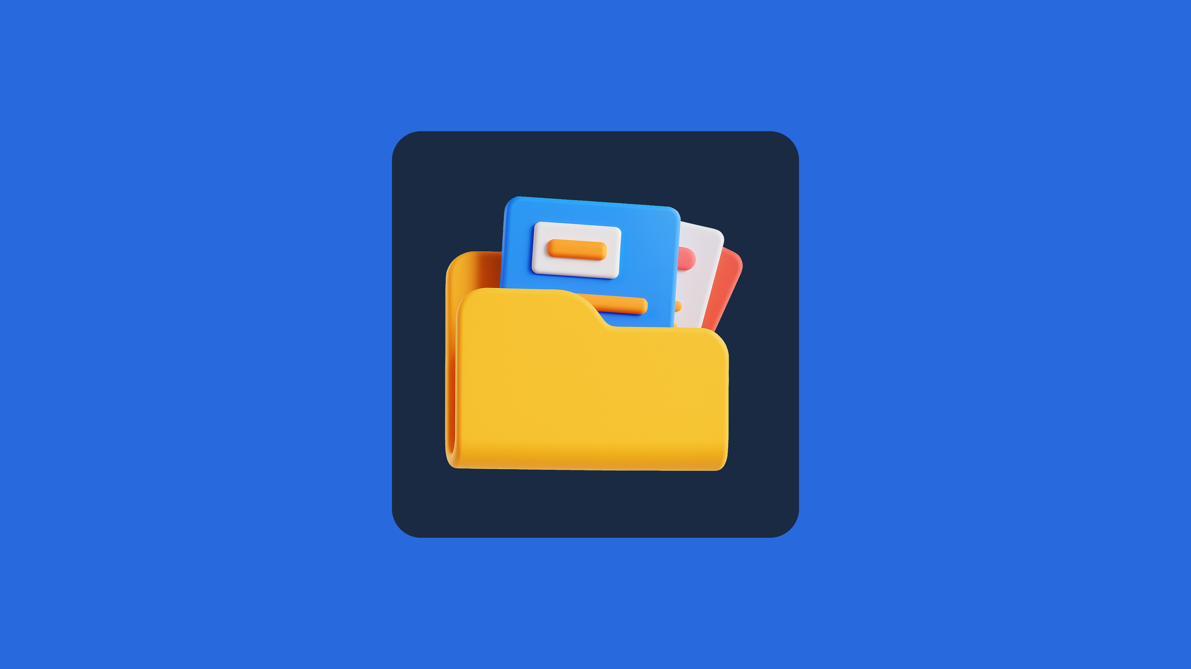 A yellow folder icon containing colorful document cards in blue, white, and red on a bright blue background.