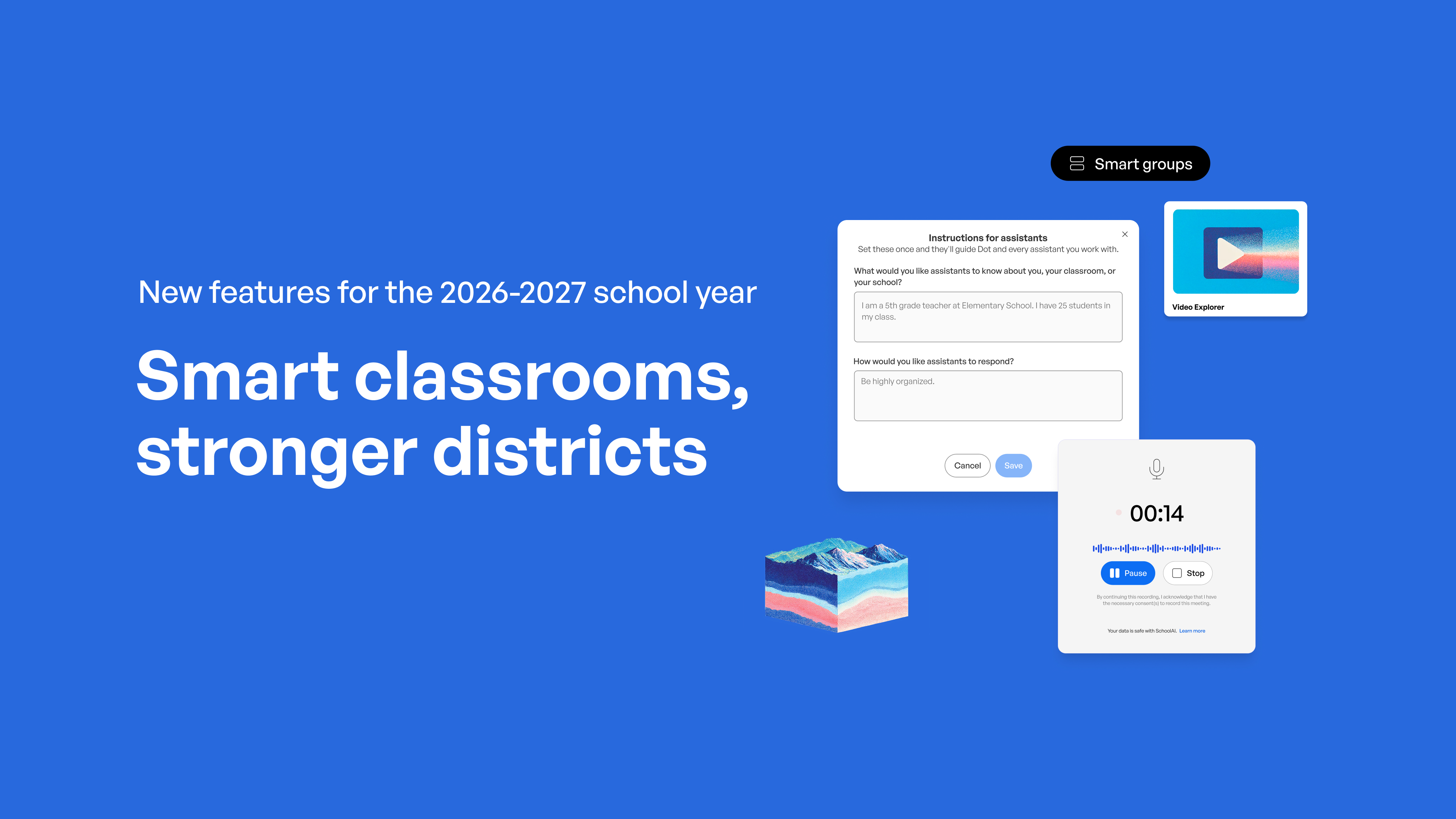A presentation slide showcasing new educational features for 2026-2027, displaying smart classrooms and district tools with…