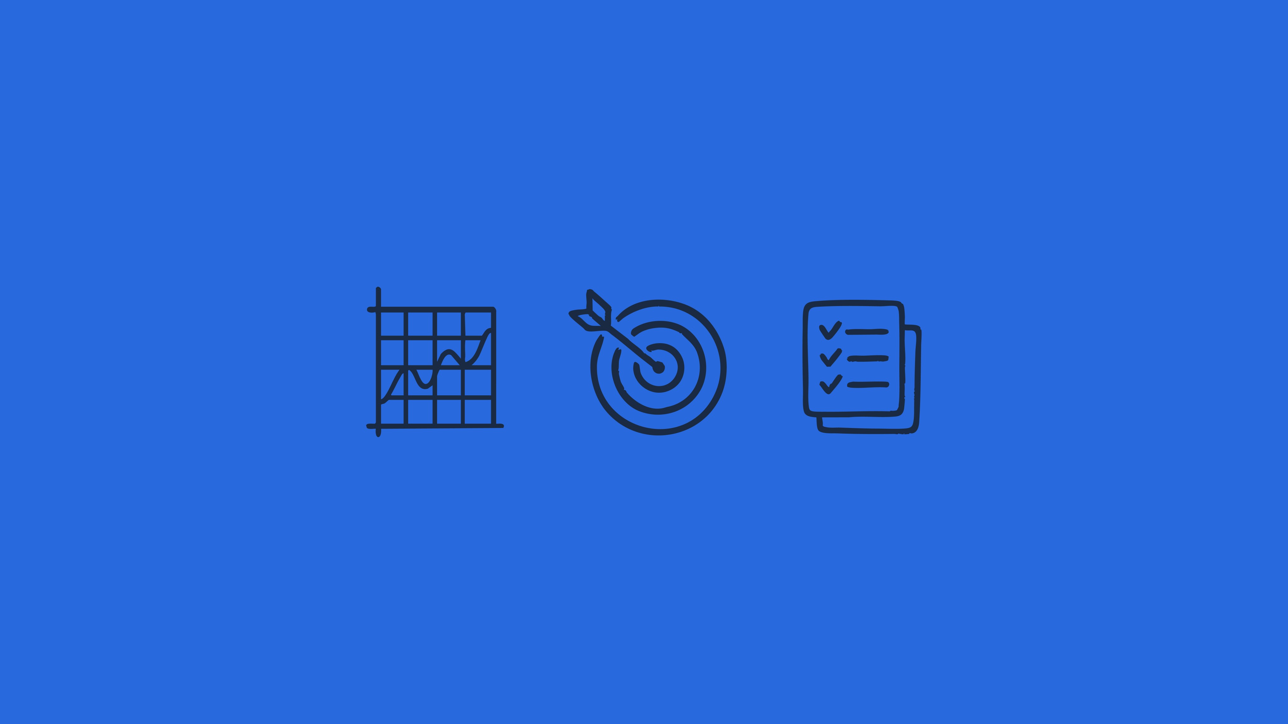 Three blue icons on a gradient background: a grid/planning chart, a target with arrow, and a checklist with checkmarks.