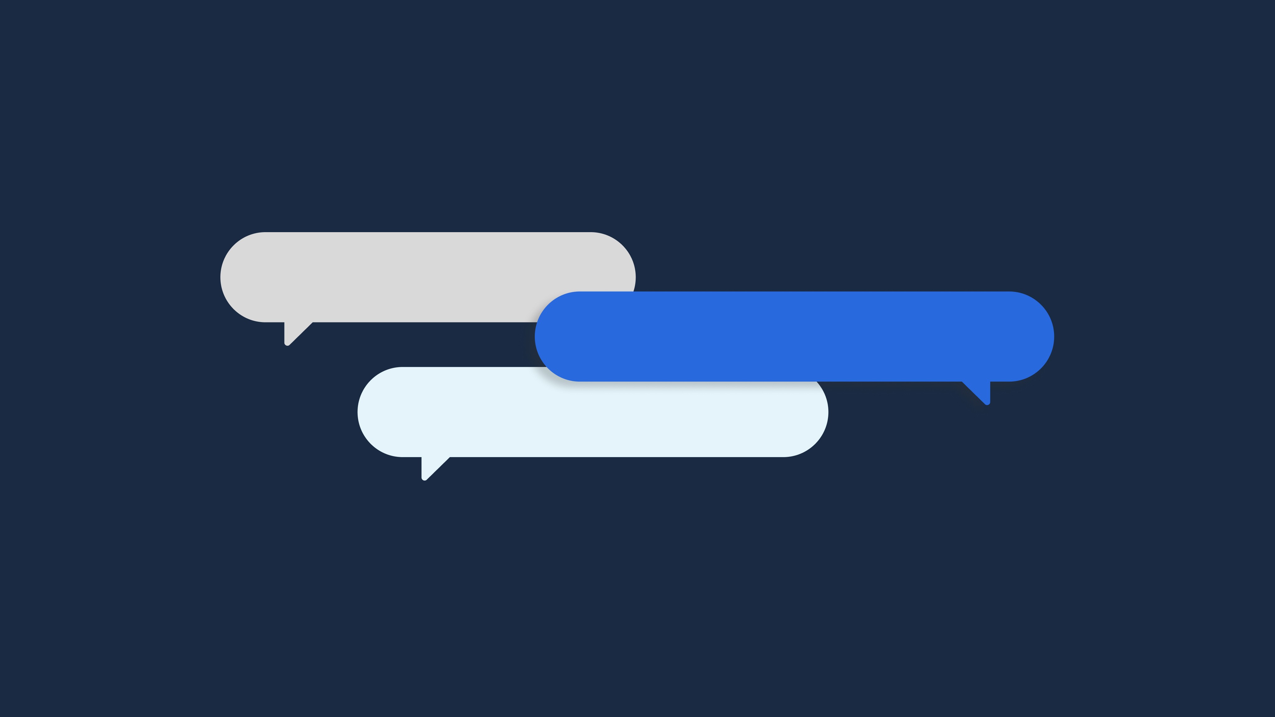 Three speech bubbles stacked diagonally on a dark blue background, with one blue bubble and two white bubbles representing a…
