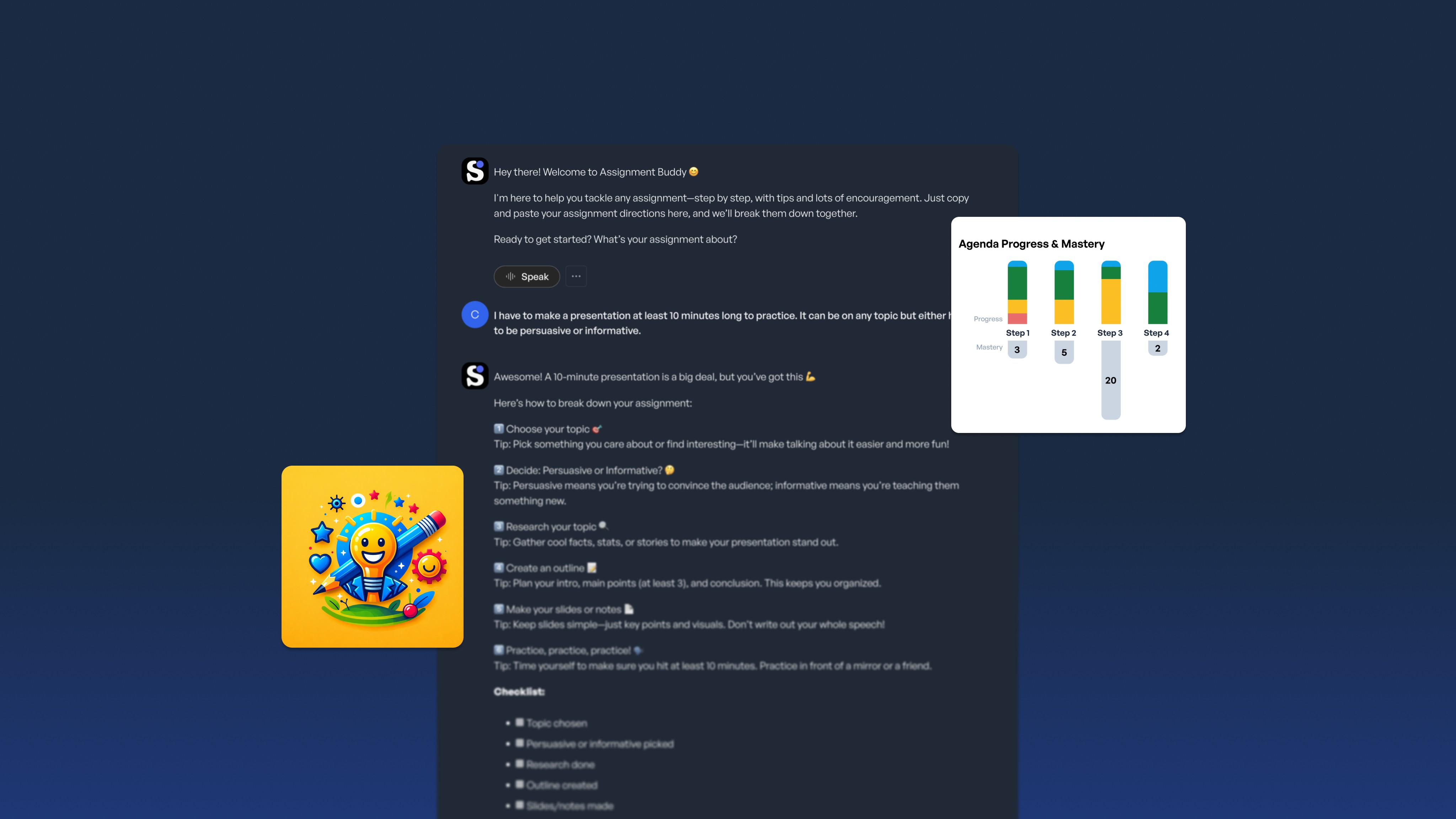 Assignment Buddy interface showing a presentation guide with steps for creating a 10-minute speech, including topic…