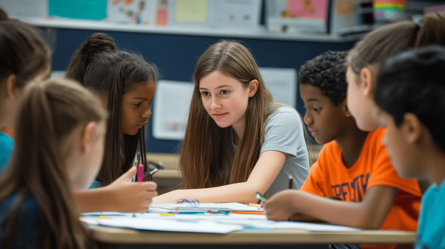 A young teacher in a gray shirt works with a diverse group of elementary school students around a table with art supplies…
