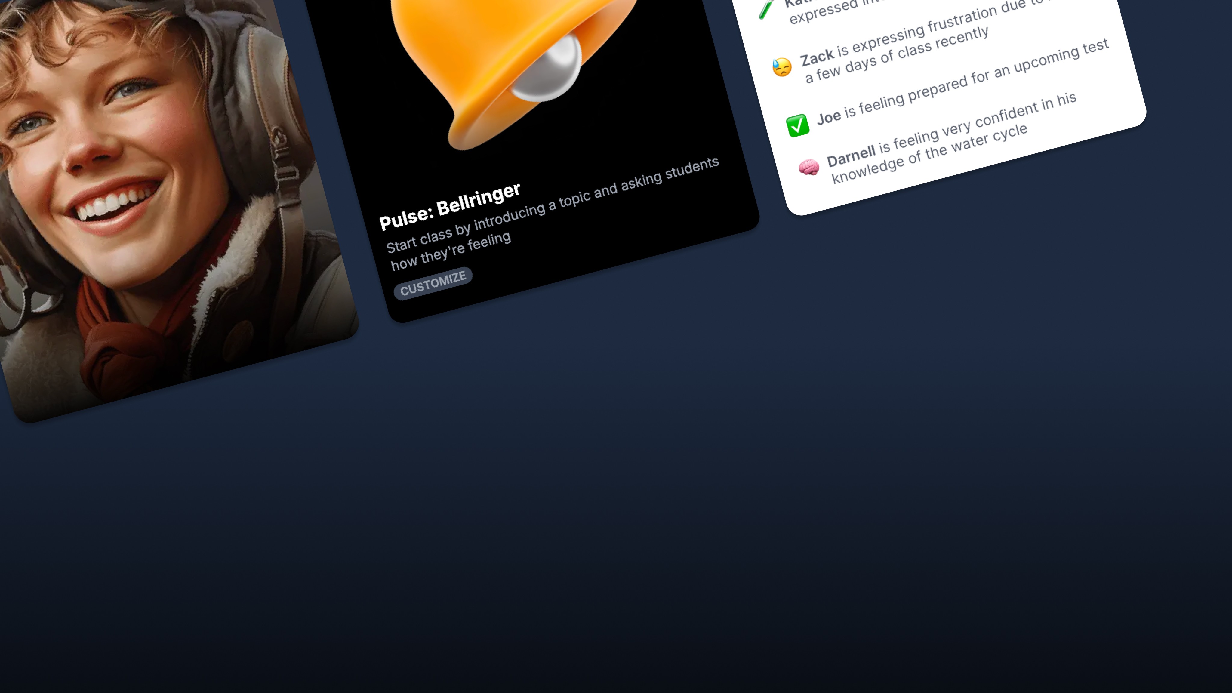 A smiling student with a backpack appears alongside educational interface elements showing classroom engagement features and…
