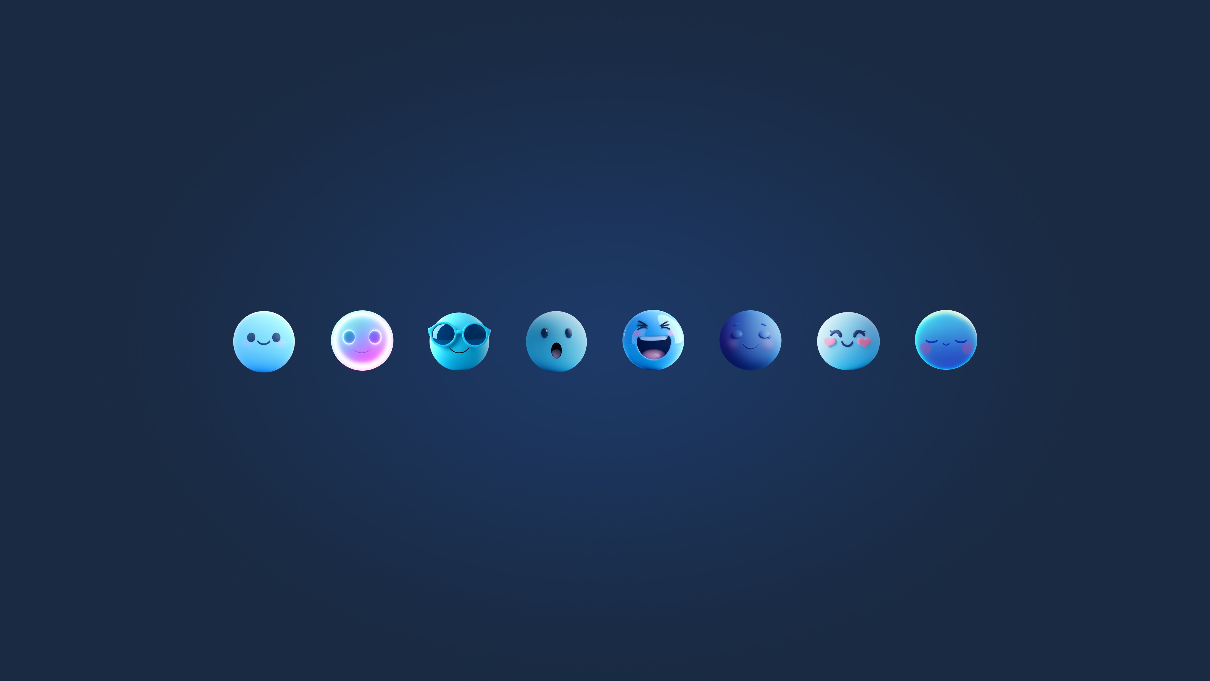 A row of eight colorful gradient emoji faces displaying different emotions on a dark blue background, from happy to sad.