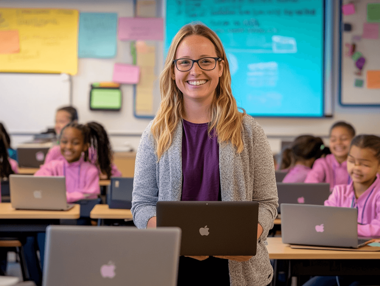 A smiling teacher wearing glasses and a gray cardigan holds a laptop in a classroom filled with students using computers.