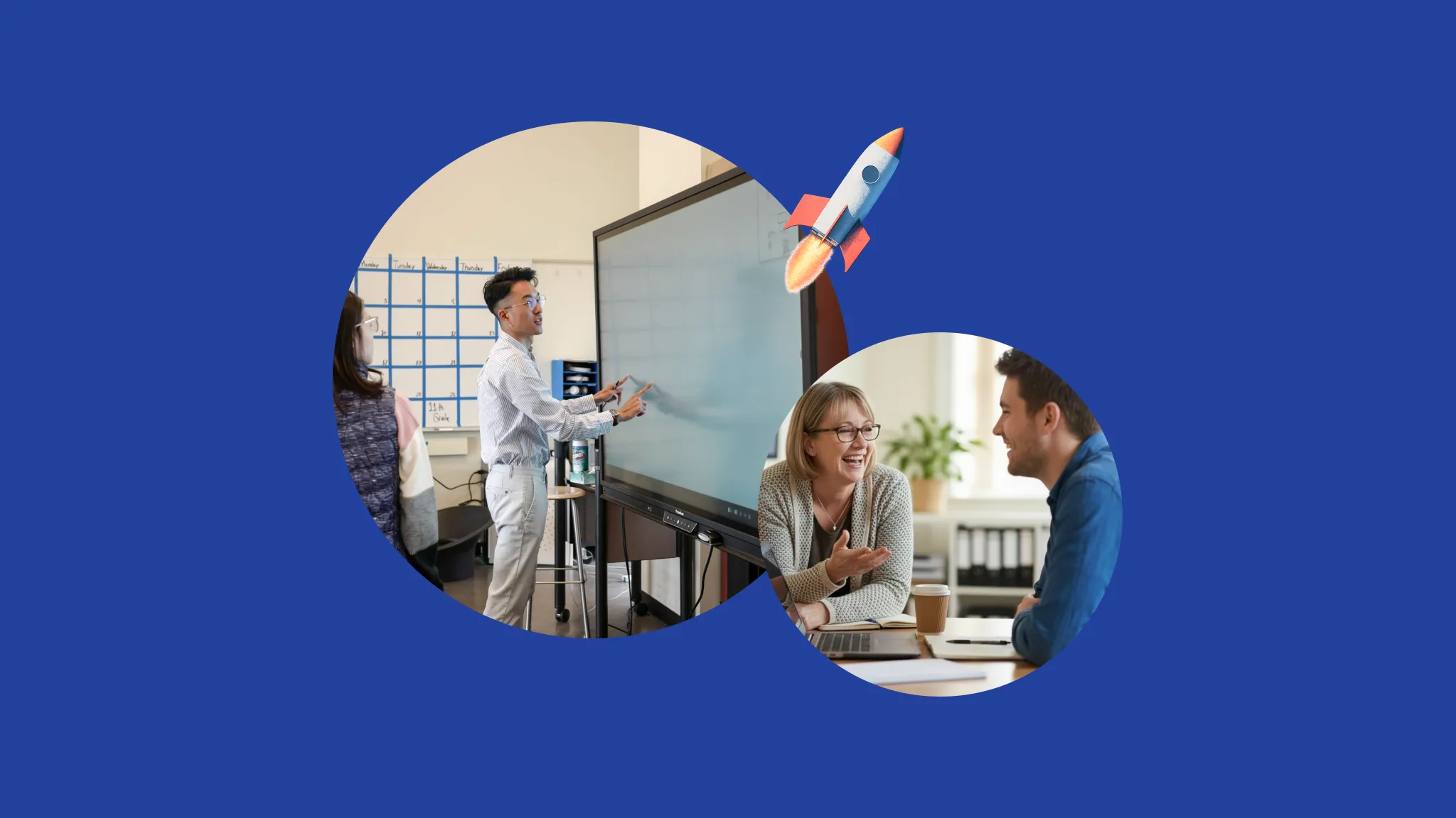 Two circular scenes on a blue background showing business professionals: one presenting at a whiteboard with a rocket…