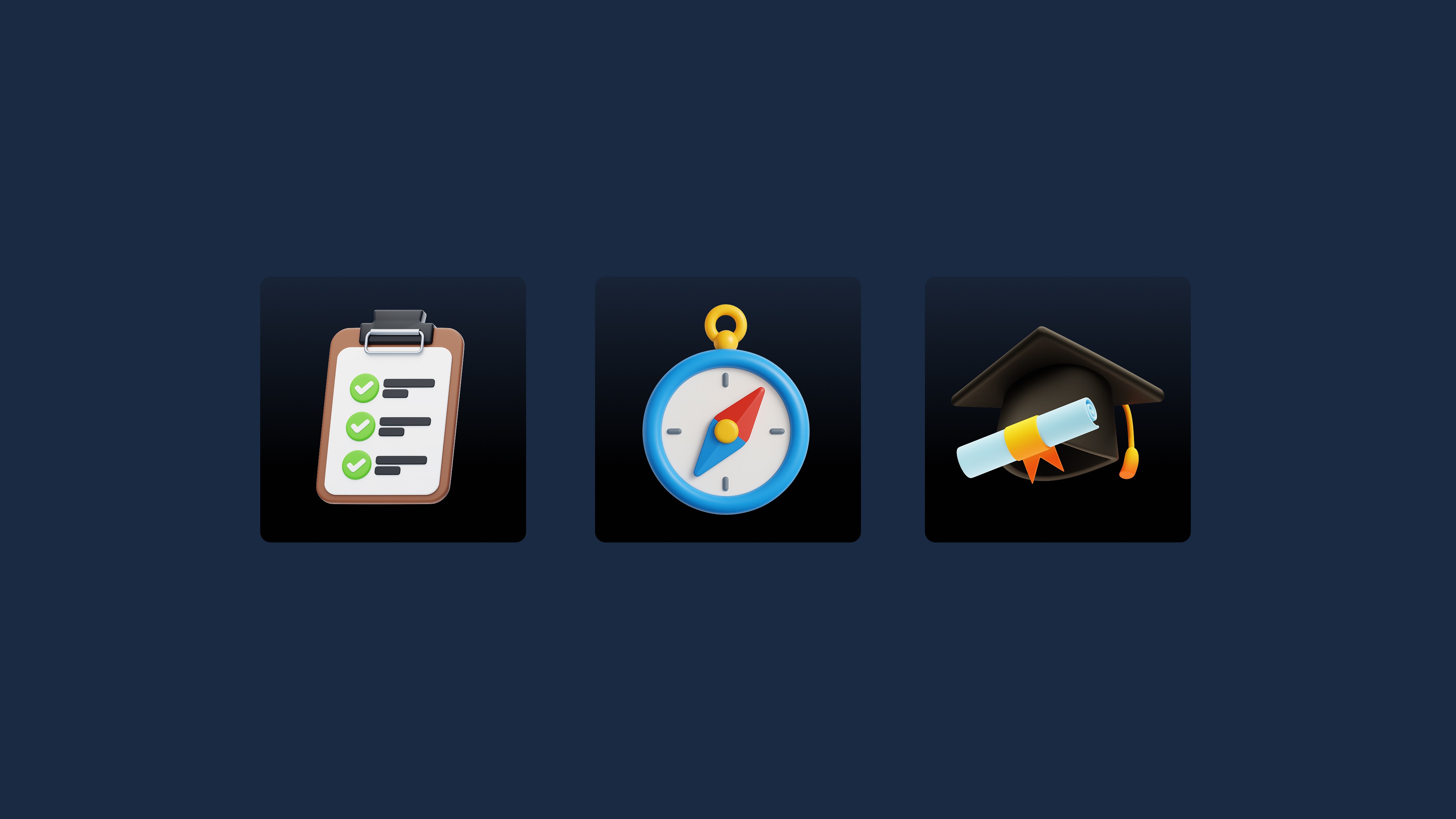 Three colorful icons on a dark blue background: a checklist clipboard with green checkmarks, a compass with a red pointer,…