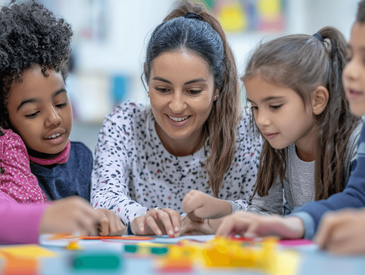 A teacher smiles while working on a colorful art project with a diverse group of young children at a table.