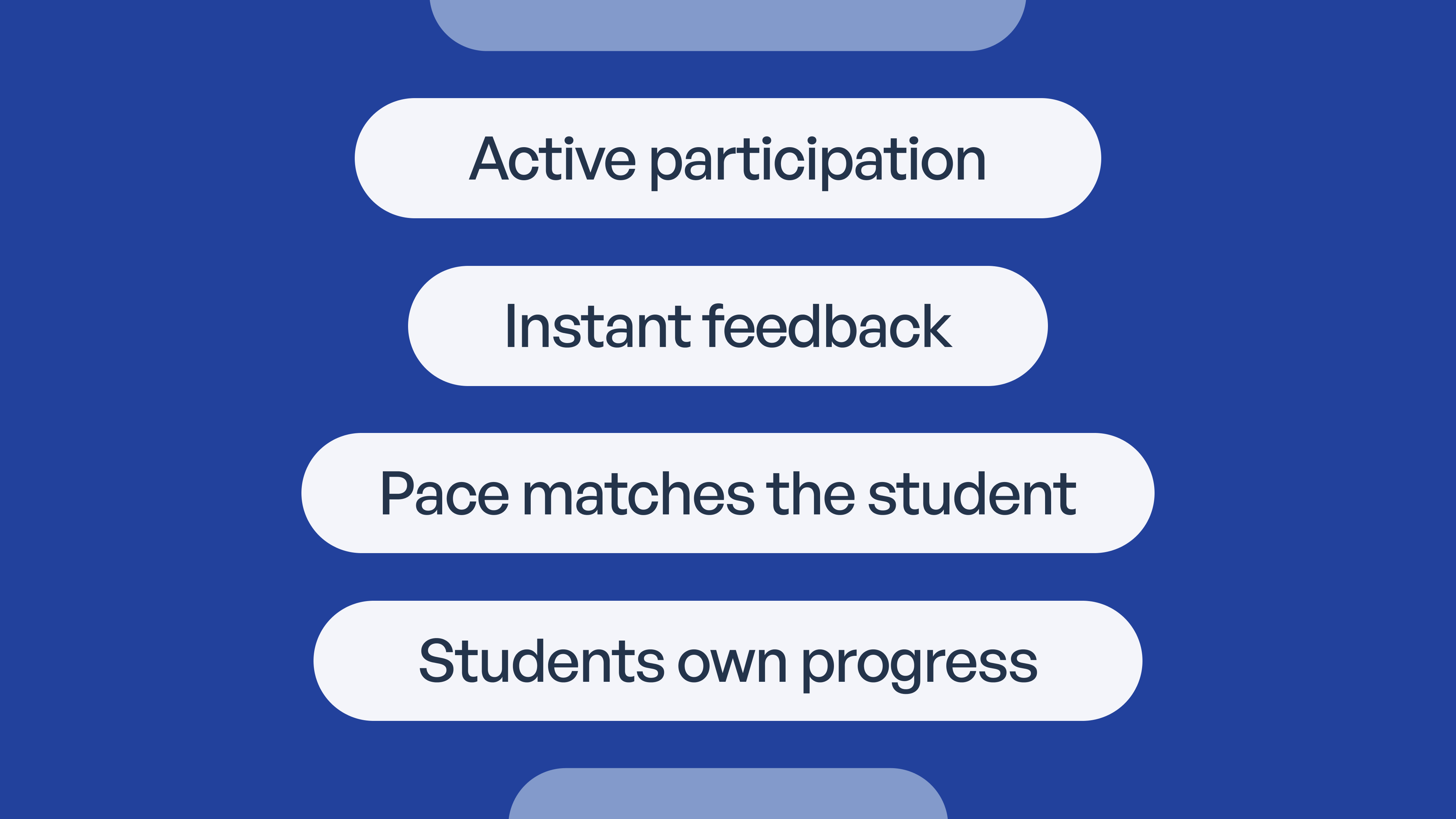 A list of four key features displayed on a blue background: Active participation, Instant feedback, Pace matches the…