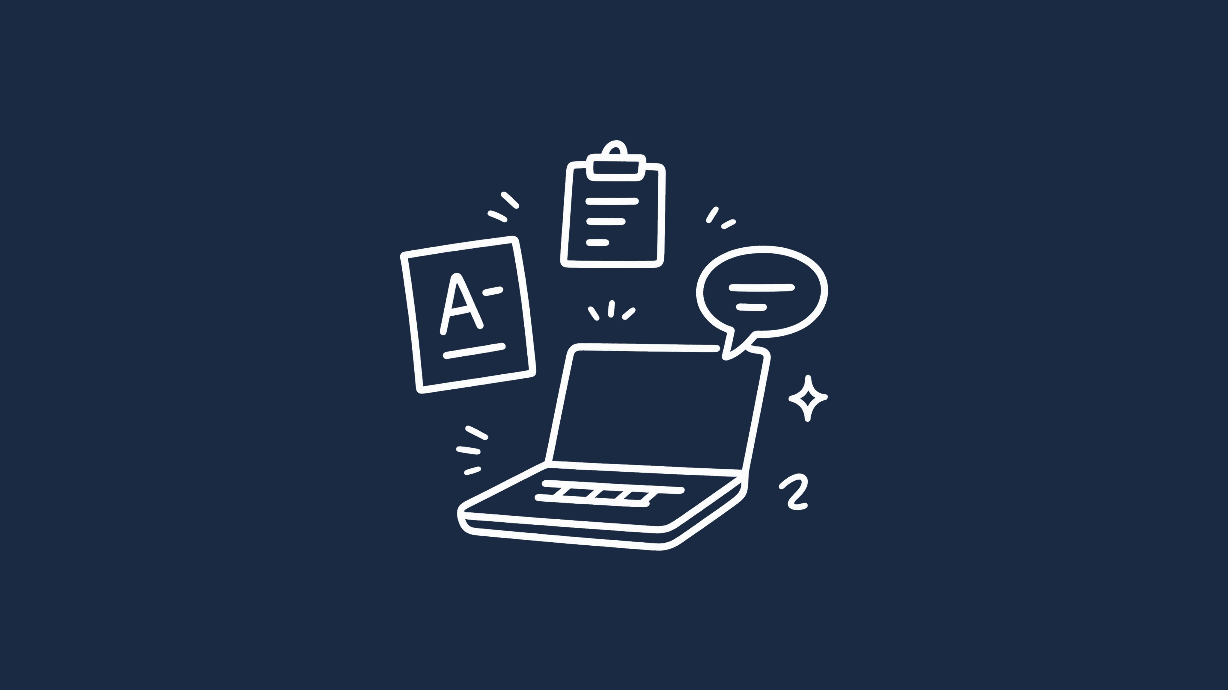 A laptop with a speech bubble surrounded by icons representing a graded paper, clipboard, and question mark, symbolizing…