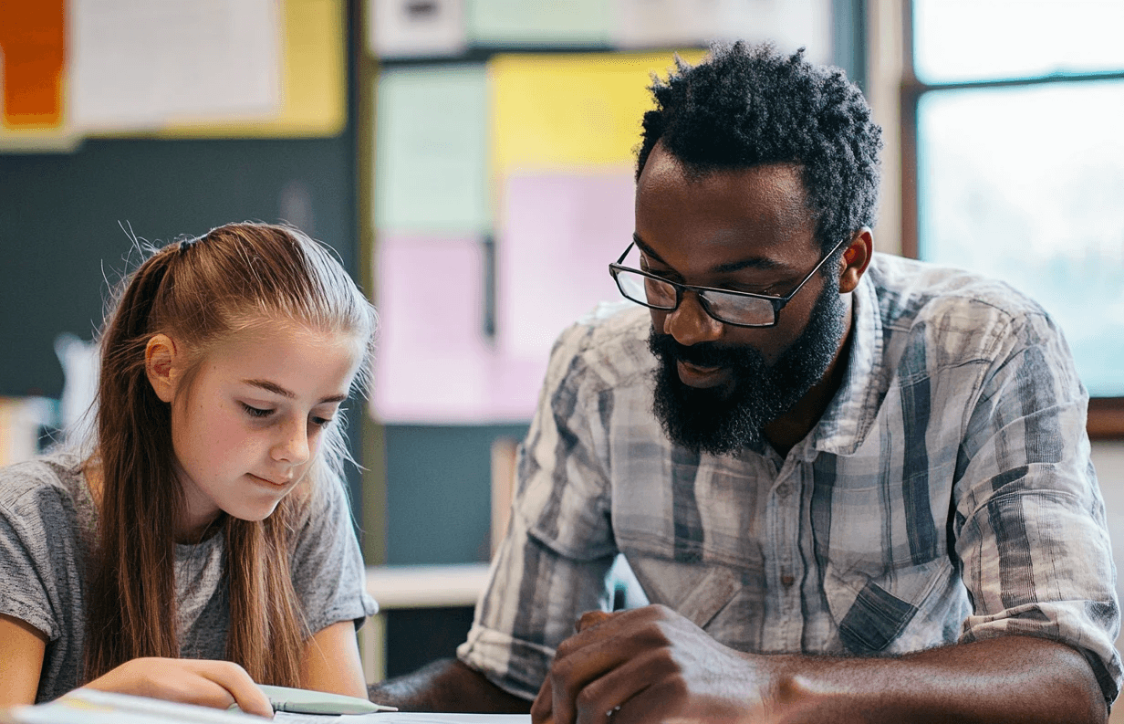 A male teacher wearing glasses and a plaid shirt helps a young female student with her schoolwork at a desk in a classroom.