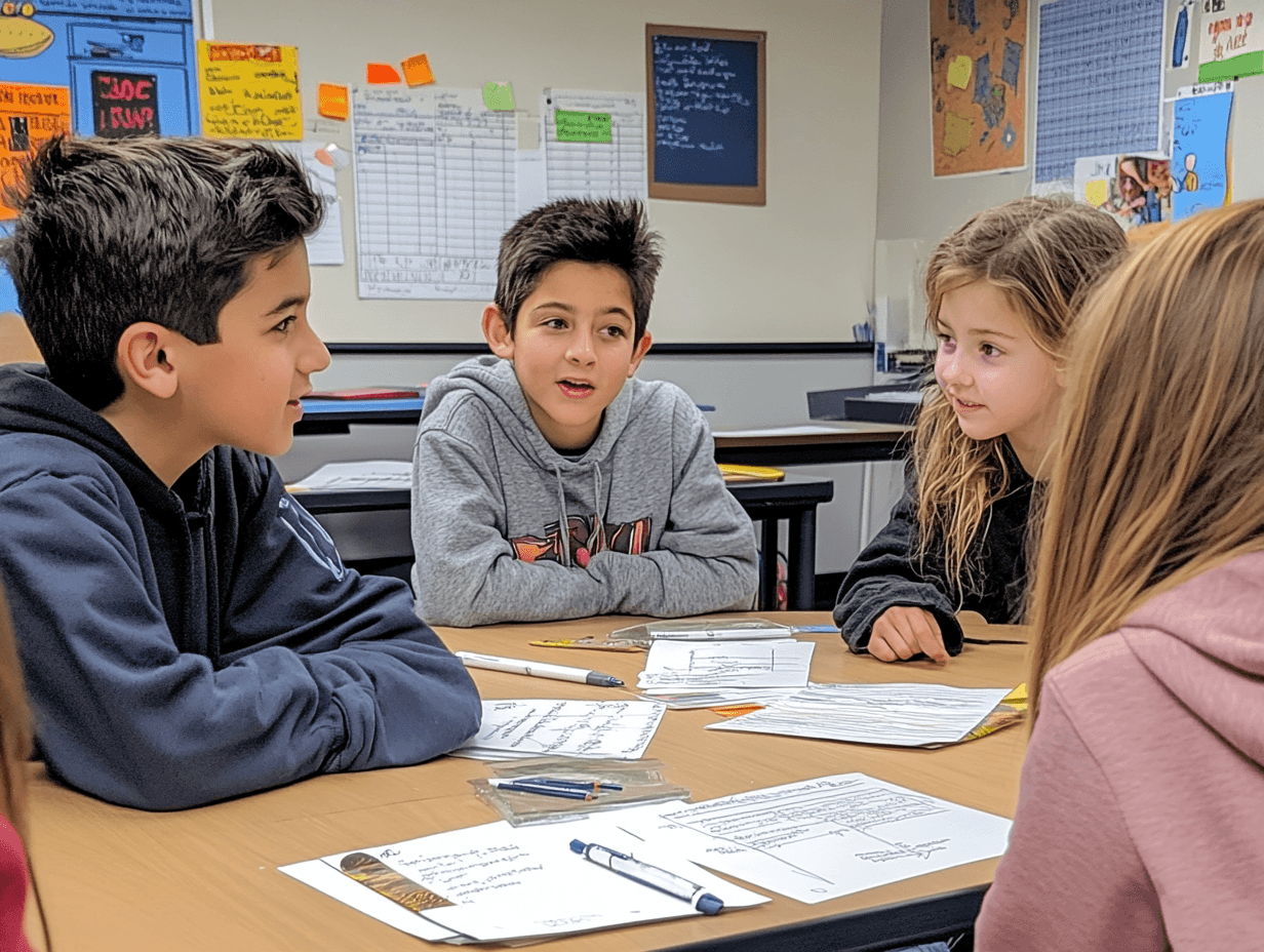 Four middle school students work together at a table in a classroom, reviewing papers and discussing schoolwork during a…