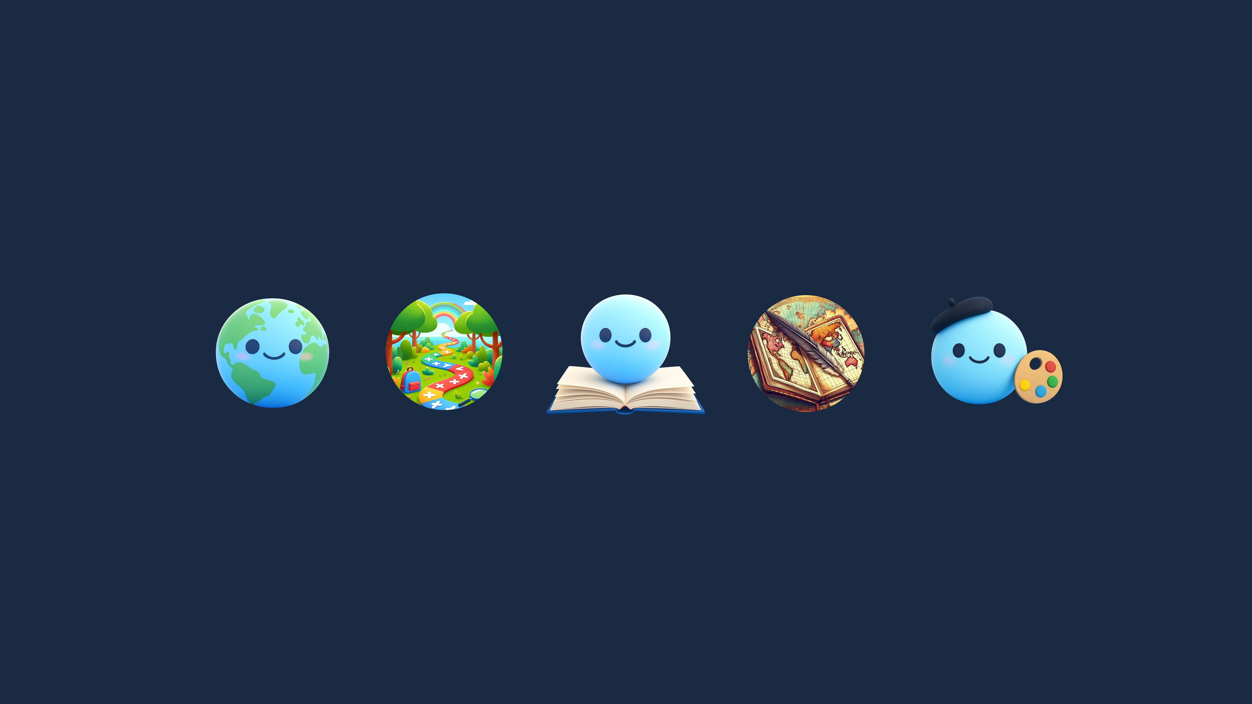 Five cute icons in a row on a dark blue background: a smiling Earth globe, a colorful garden scene, a happy character with…