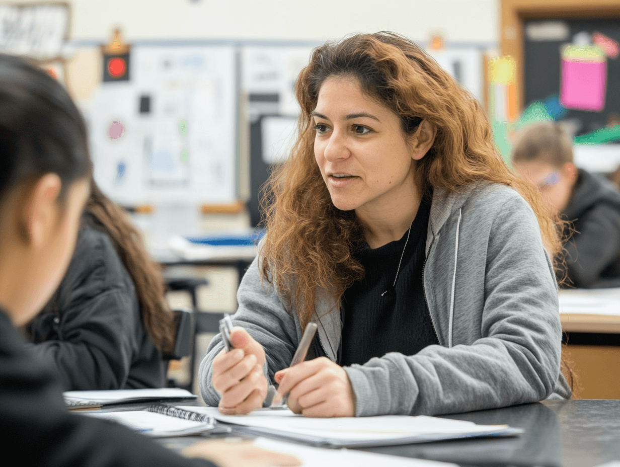 A woman with curly reddish-brown hair wearing a gray cardigan teaches a classroom lesson, gesturing while speaking to…