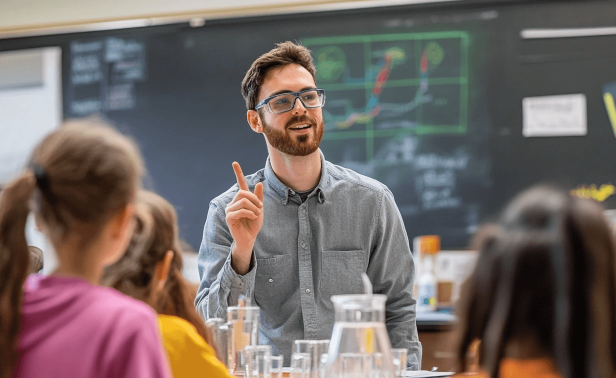 A bearded man in glasses and a gray shirt teaches a classroom, gesturing while speaking to students seated in front of him…