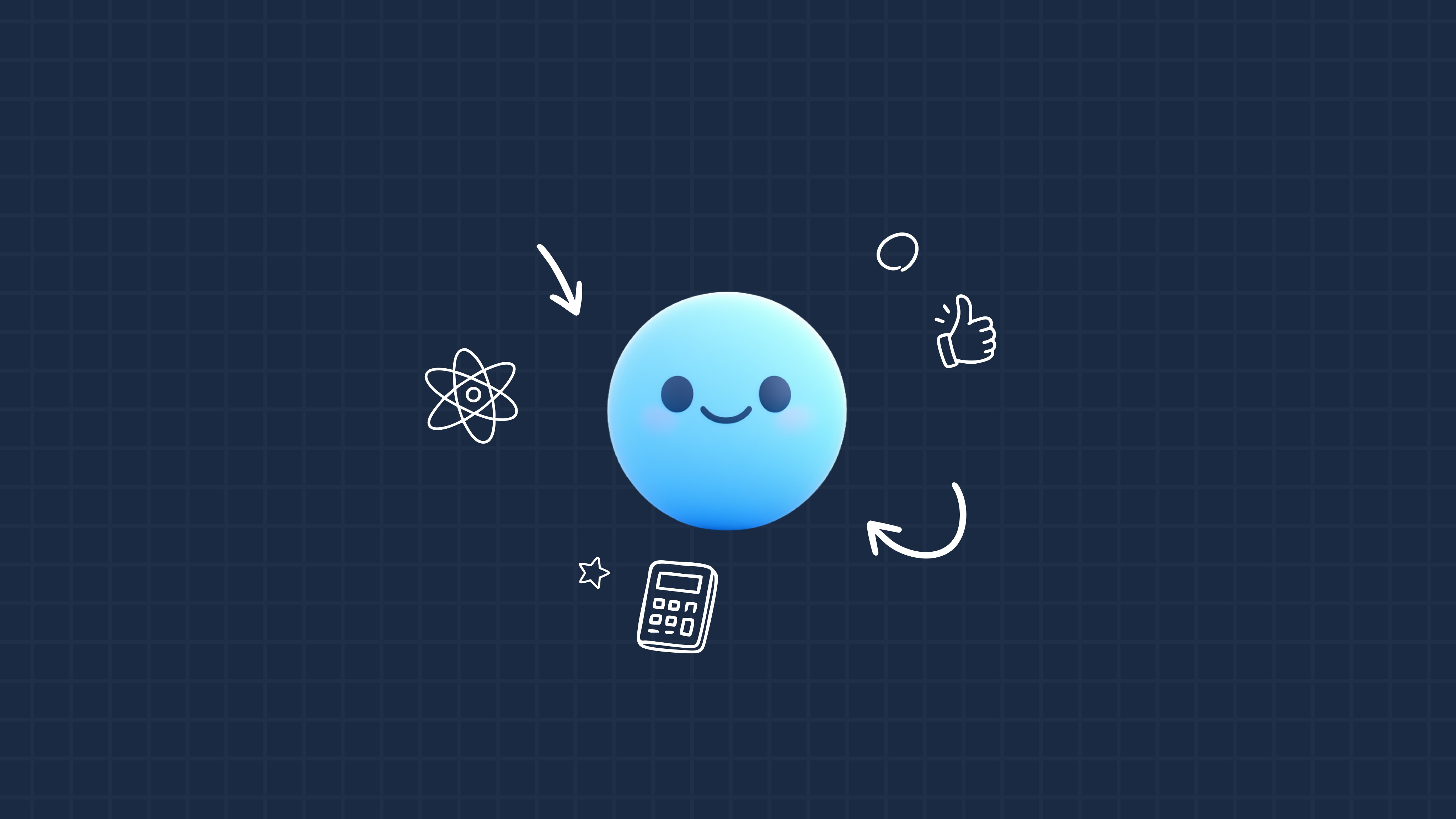 A smiling blue circle character surrounded by icons representing science, approval, calculation, and success on a dark grid…