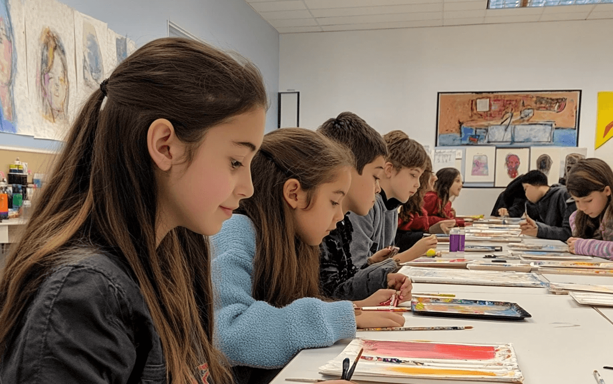 A group of students seated at a table working on an art project in a classroom with artwork displayed on the walls.
