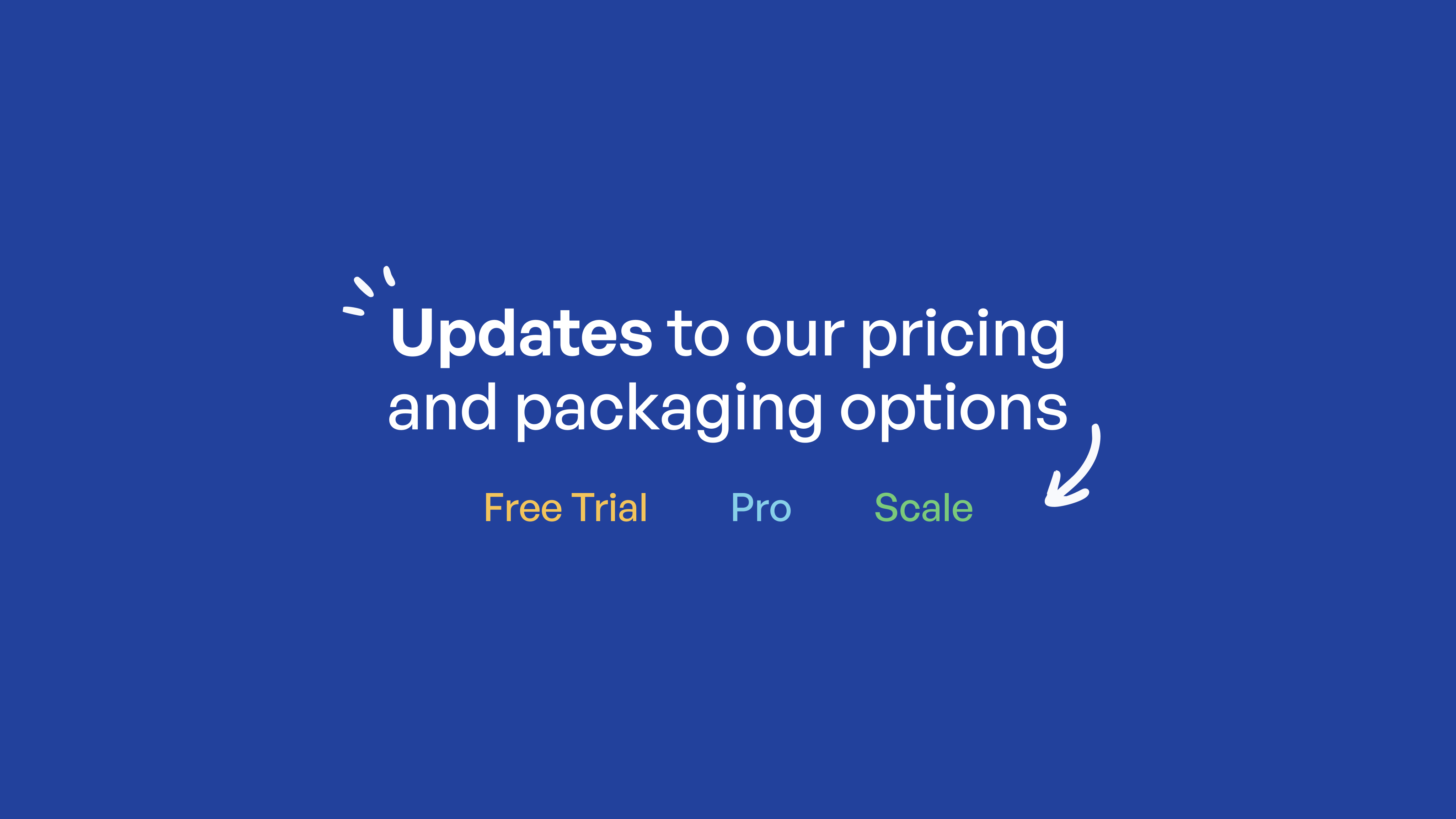 A blue background displays text announcing "Updates to our pricing and packaging options" with three tier options listed:…