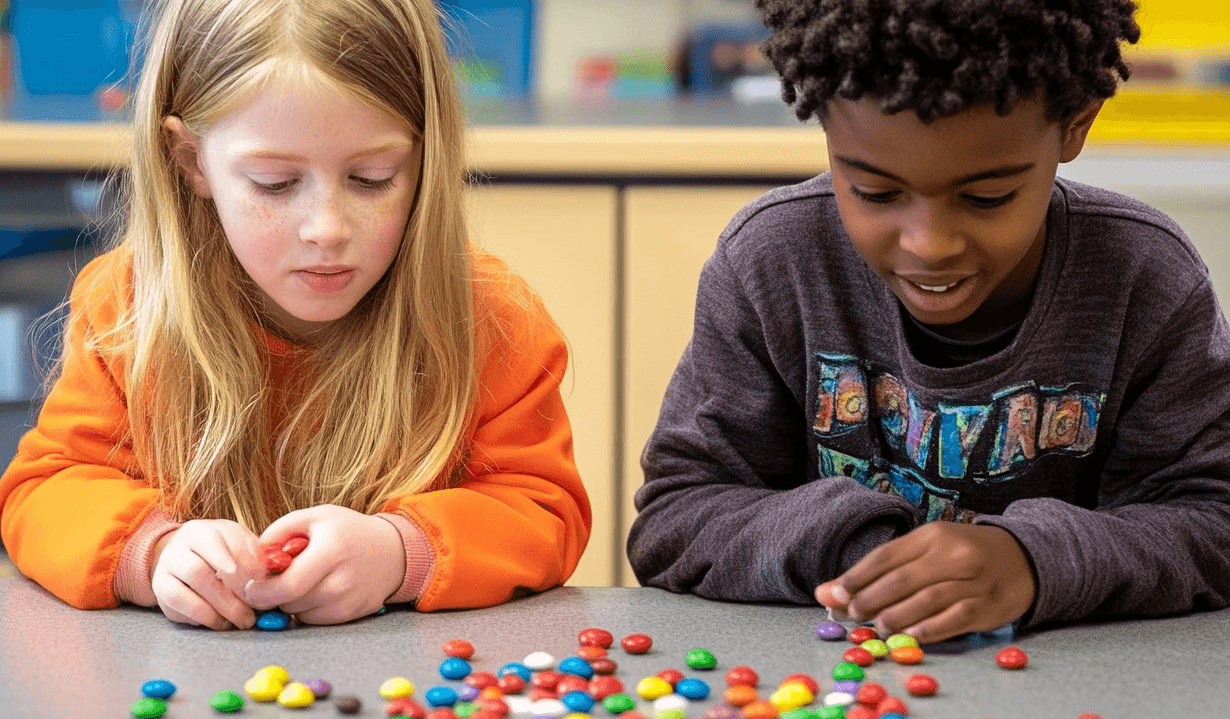 Two children sit at a table sorting colorful candies by color during a classroom learning activity.