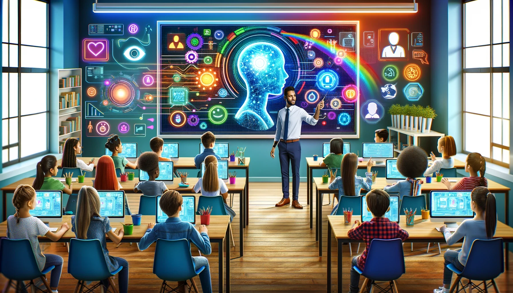 A teacher presents to a diverse classroom of students at individual desks with tablets, with a vibrant digital display…