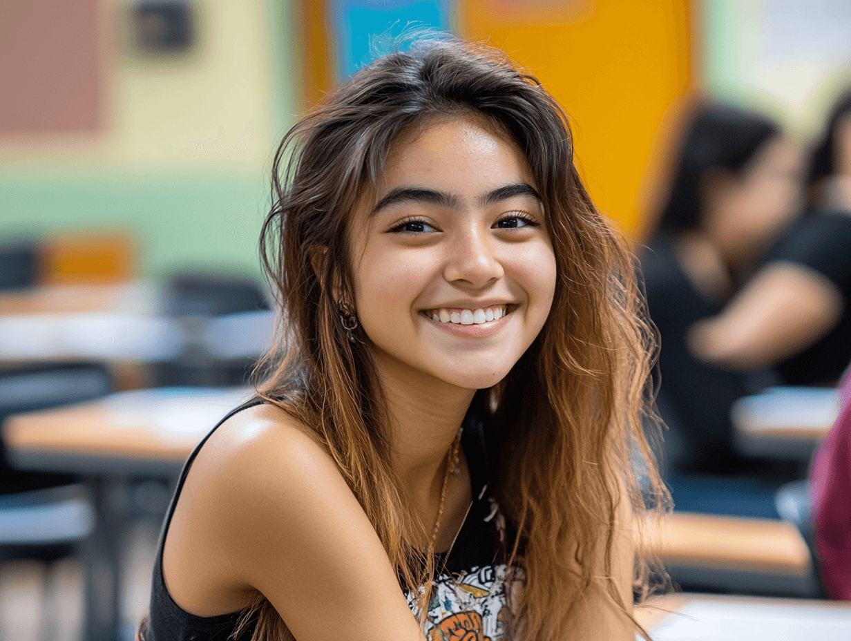 A smiling young woman with long brown hair in a classroom setting with other students visible in the background.