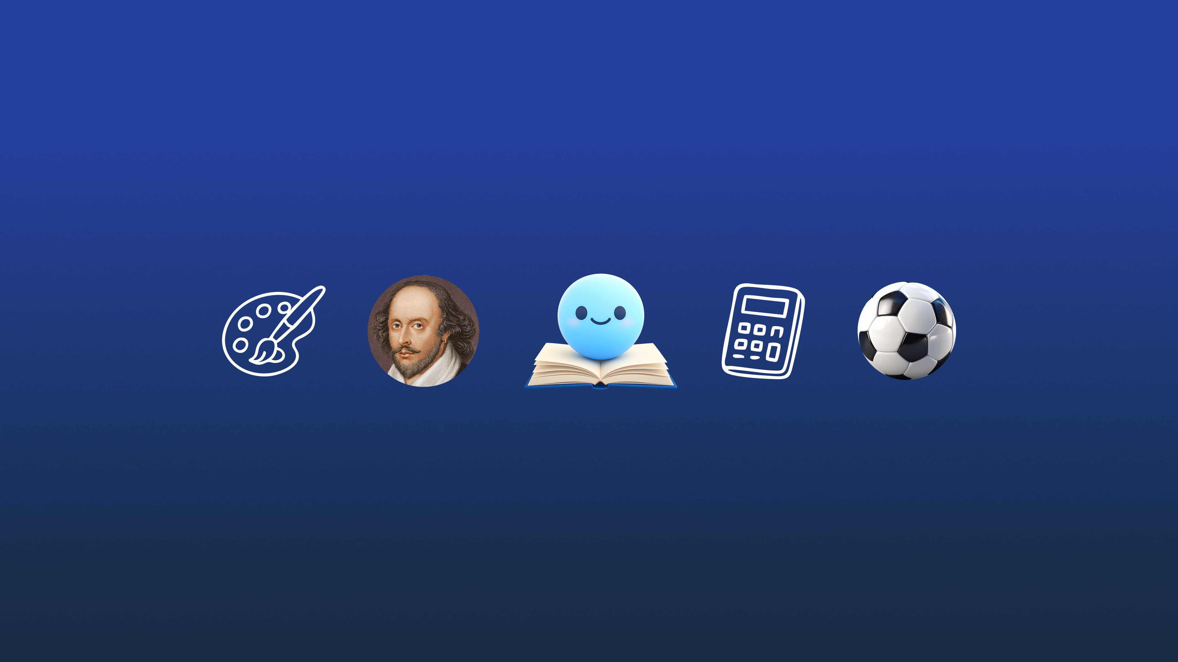 Five icons on a blue background representing art, literature, education, mathematics, and sports.
