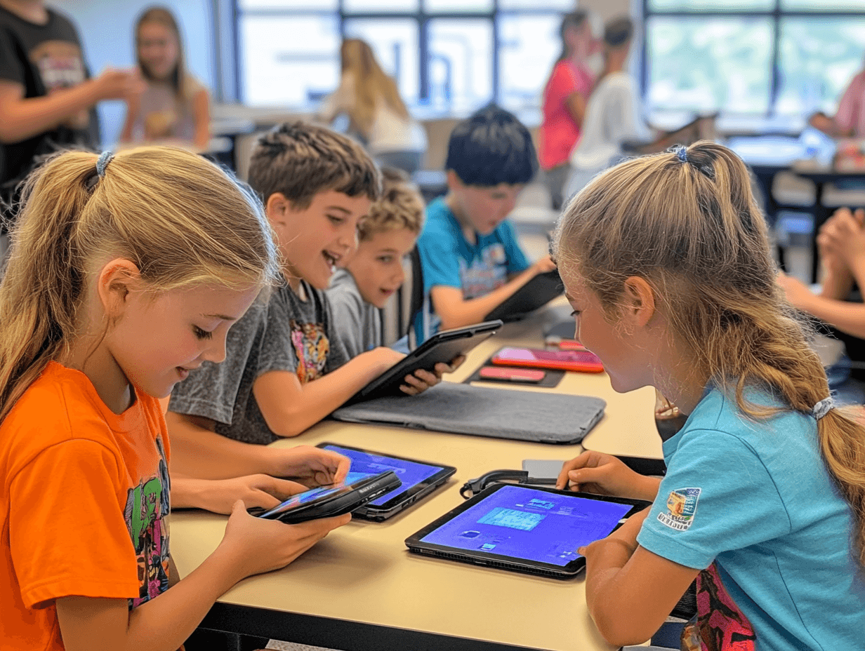 Students in a classroom work together on tablets and handheld devices during a tech-focused learning activity.