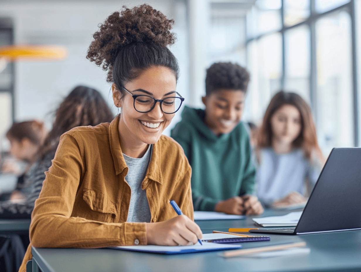 A smiling student wearing glasses and a yellow jacket writes in a notebook while sitting at a desk in a bright classroom…