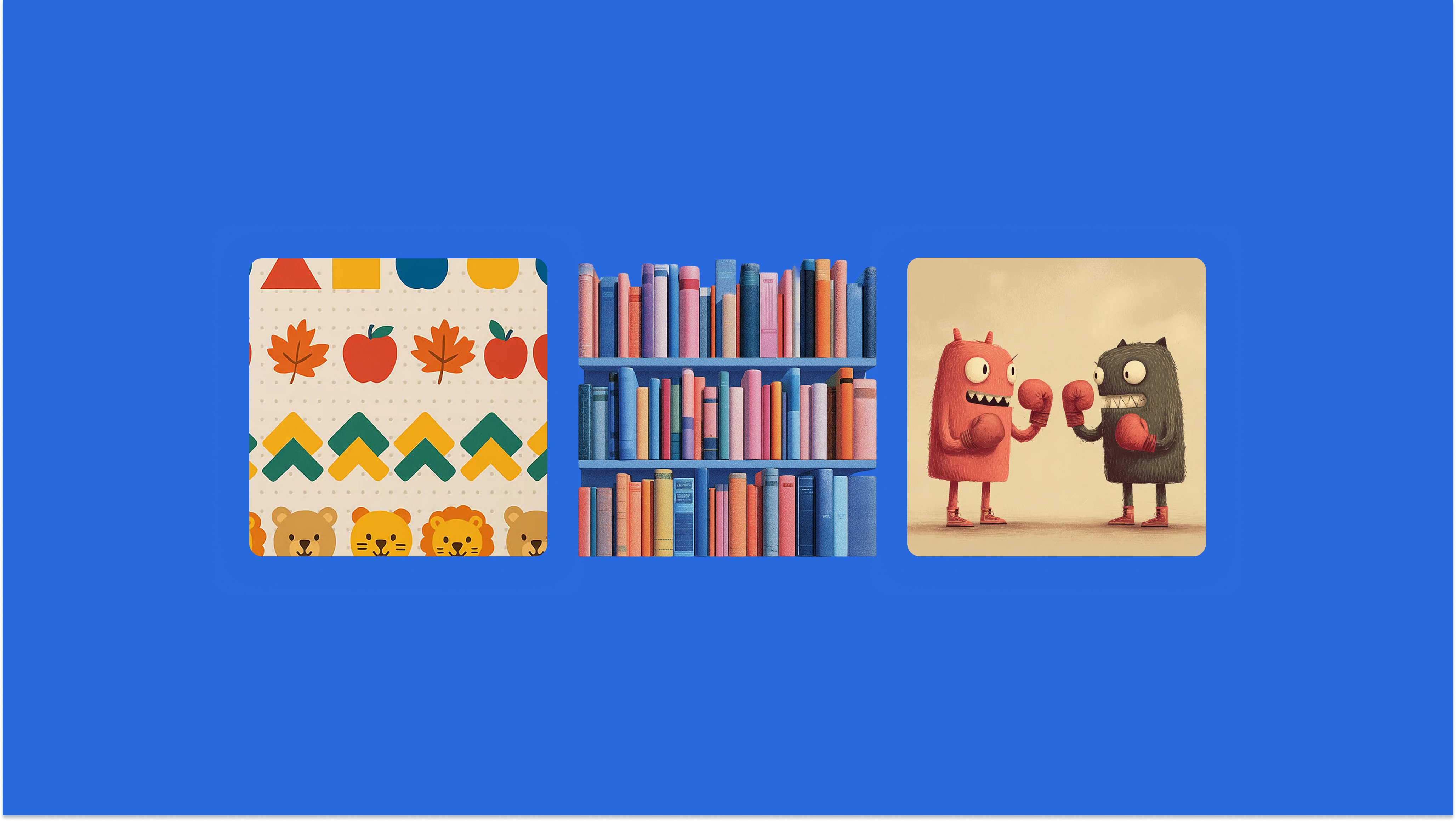 Three illustrated cards on a blue background: a colorful autumn-themed pattern with shapes and animals, a bookshelf with…