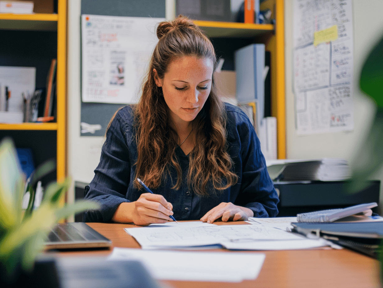 A woman in a dark blue blazer writes on documents at a desk in an office or study space, surrounded by papers and shelving.